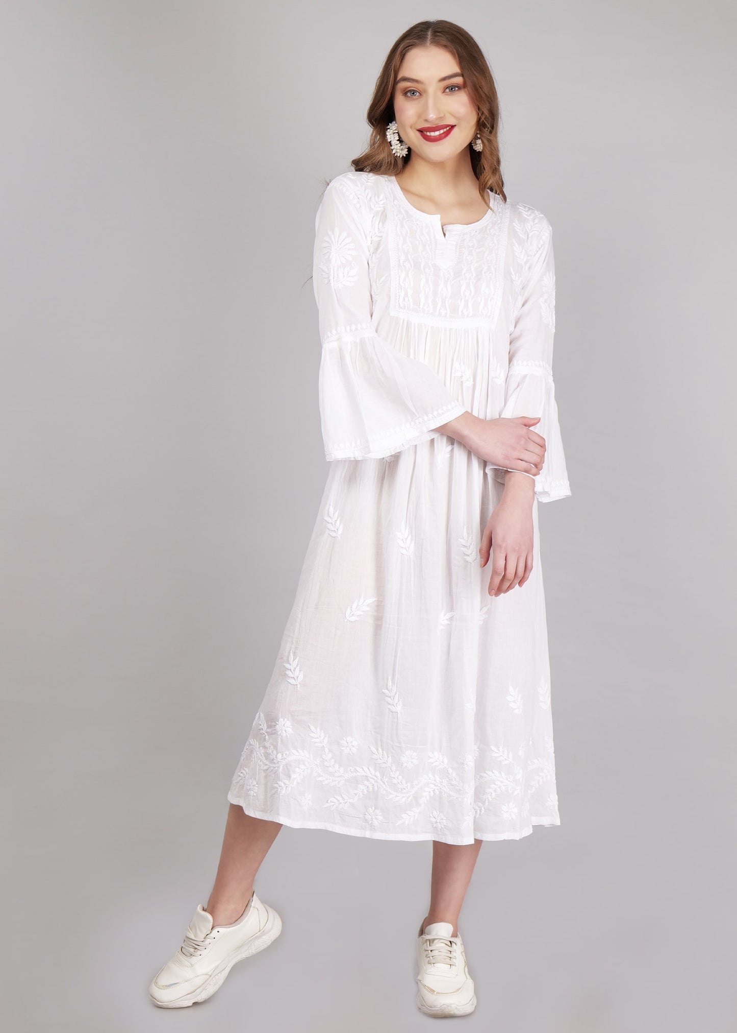 Mulmul Hand Embroidered Knee length Chikankari Dress White