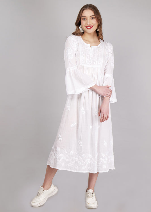 Mulmul Hand Embroidered Knee length Chikankari Dress White