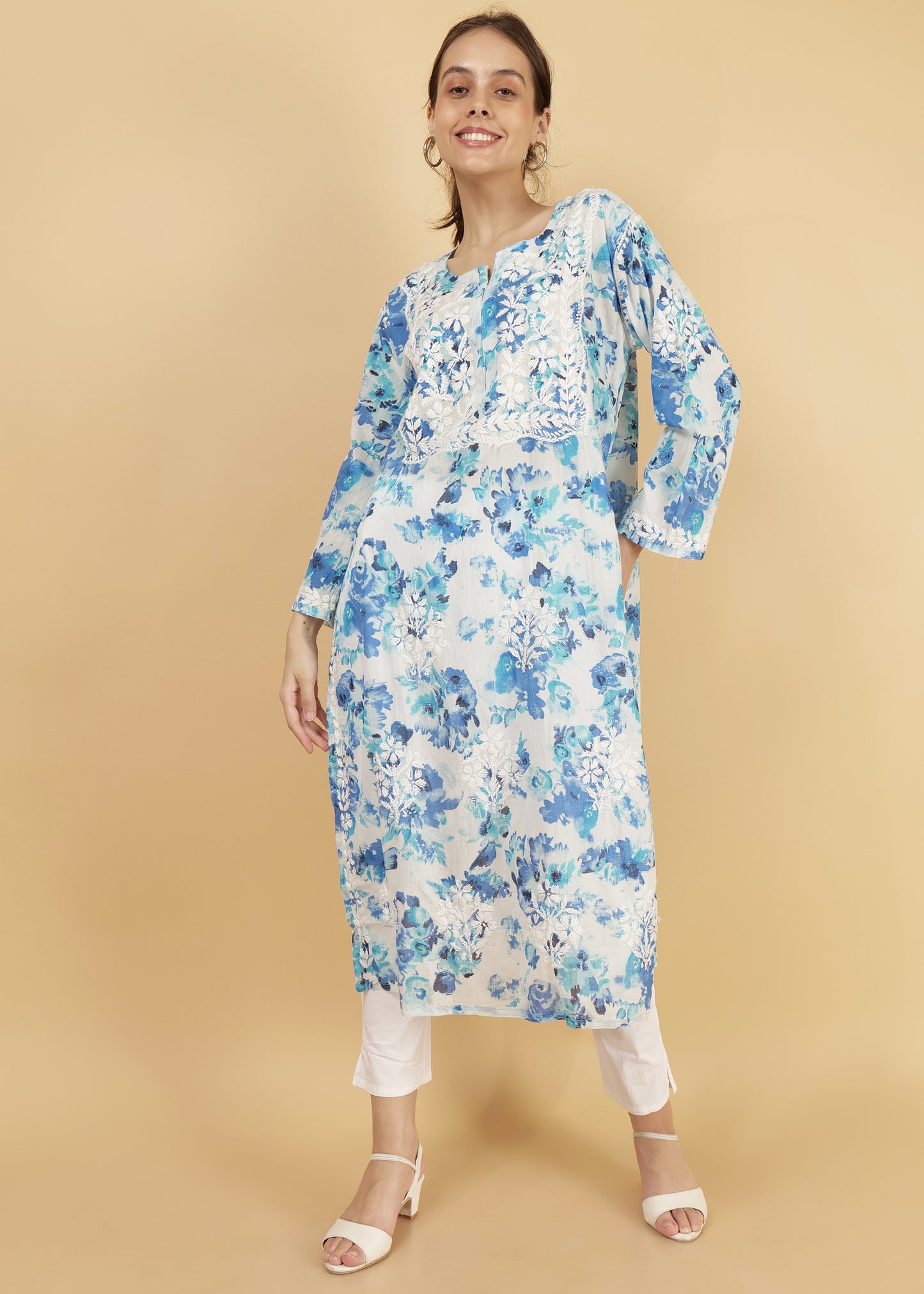 Pure Mulmul Floral Print Blue Chikankari Long Straight Kurta