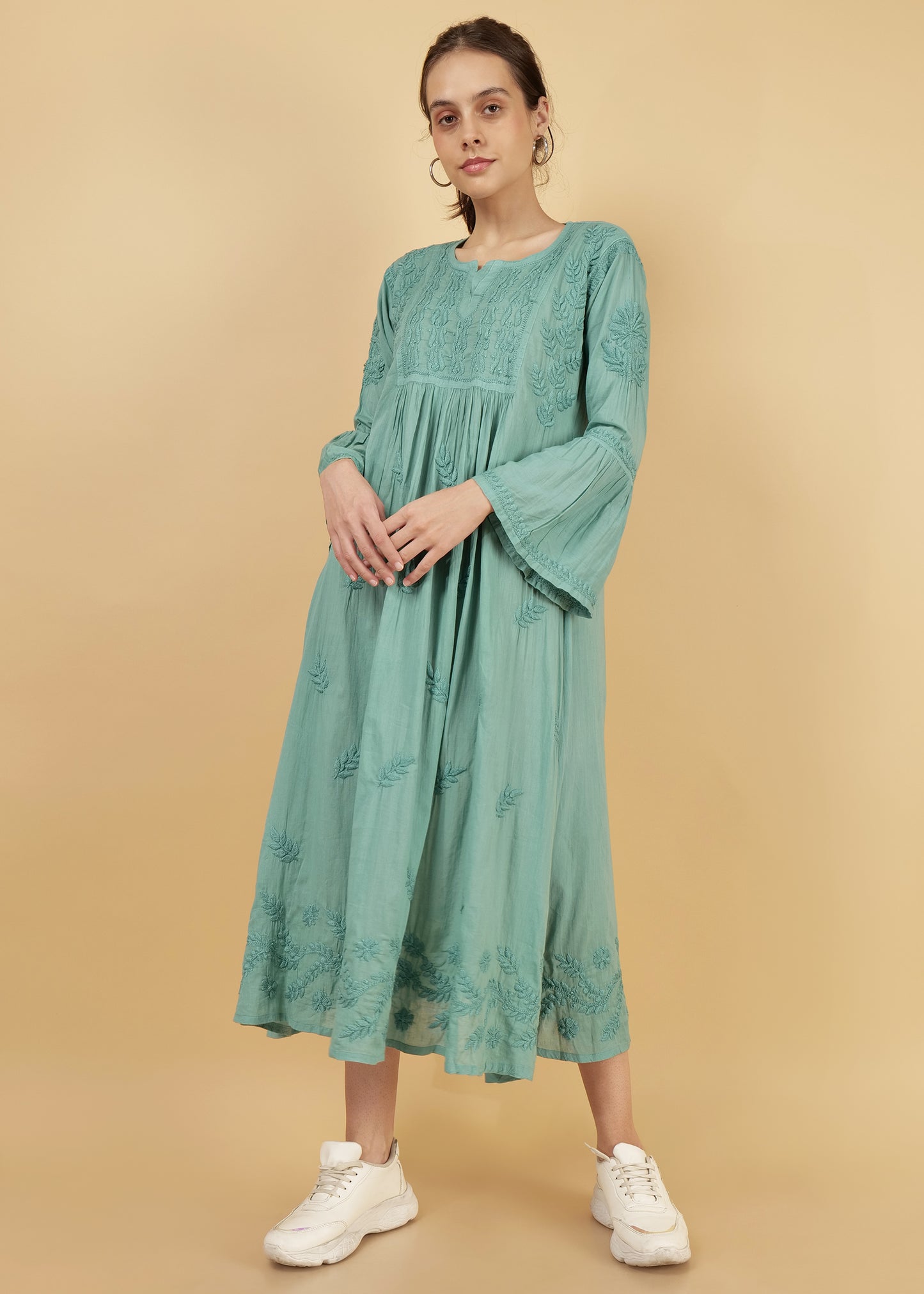 Mulmul Hand Embroidered Knee length Chikankari Dress Green