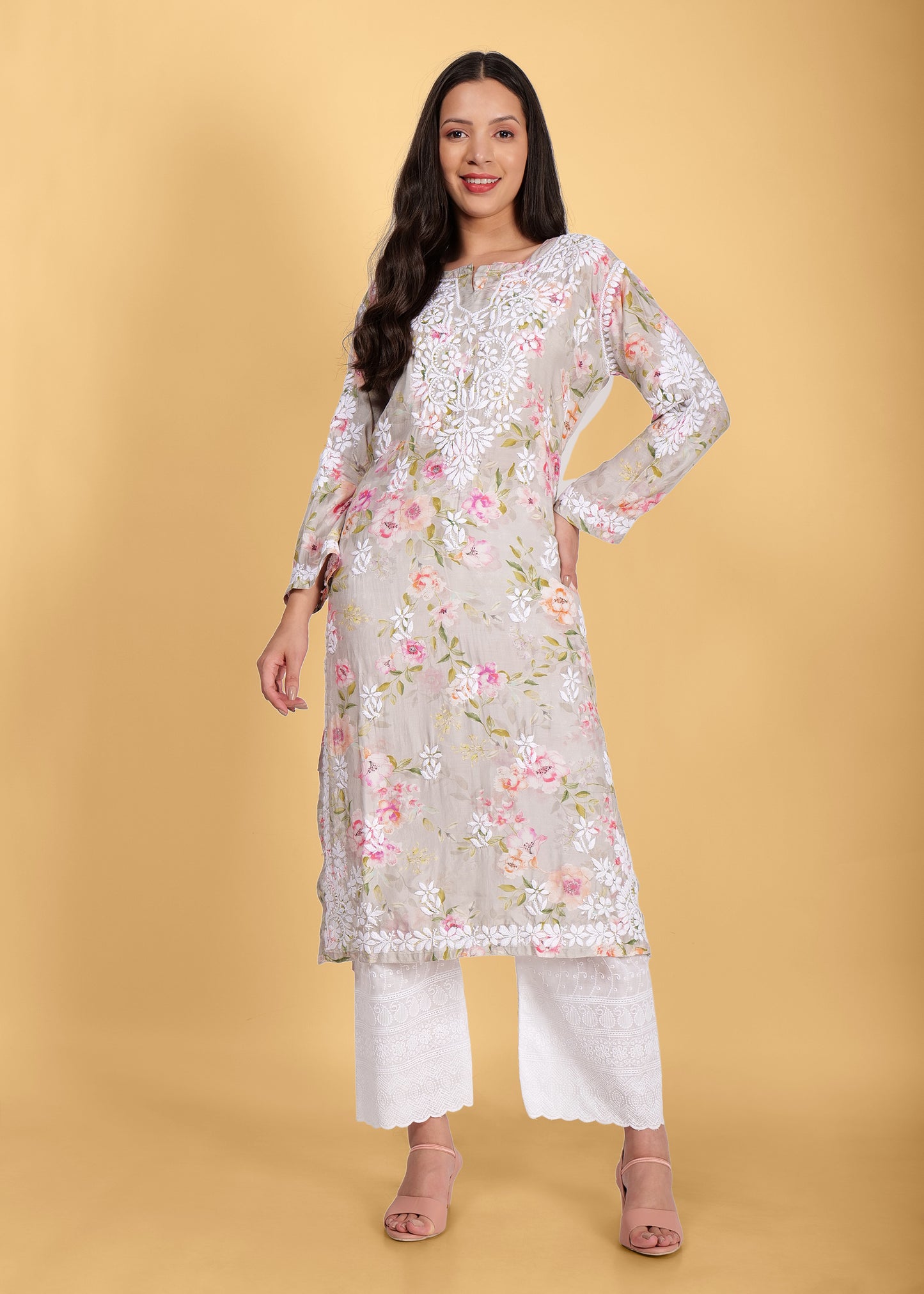 Muslin Hand Embroided Lucknow Chikankari Printed Straight Green Kurta