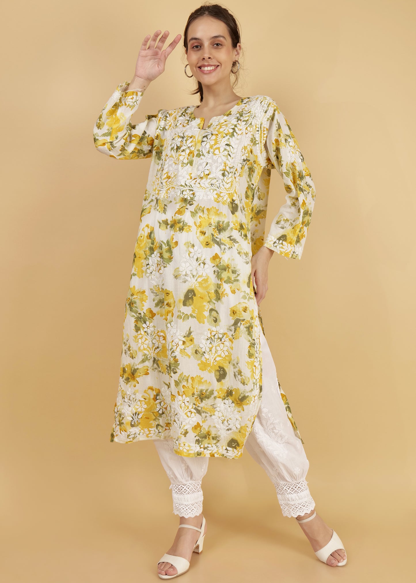 Pure Mulmul Floral PrInt Yellow Chikankari Long Straight Kurta