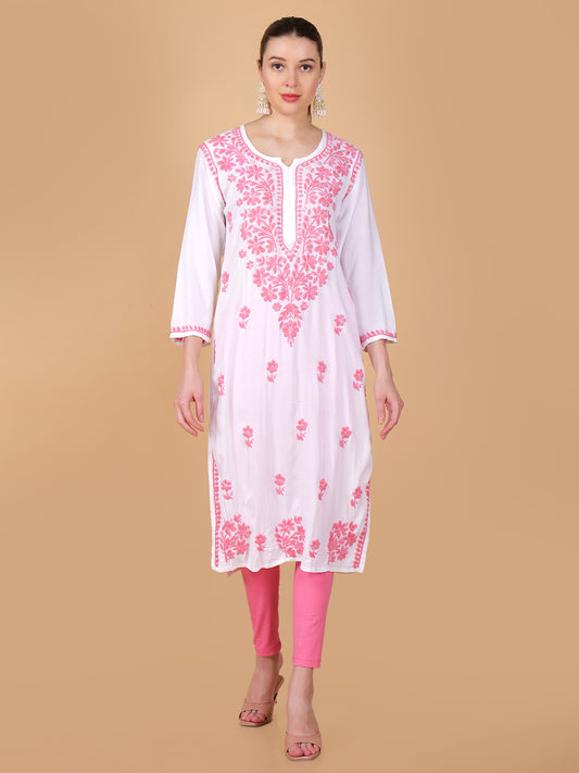 Handmade Lucknow Chikankari Off-White Kurta with Pink Thread work