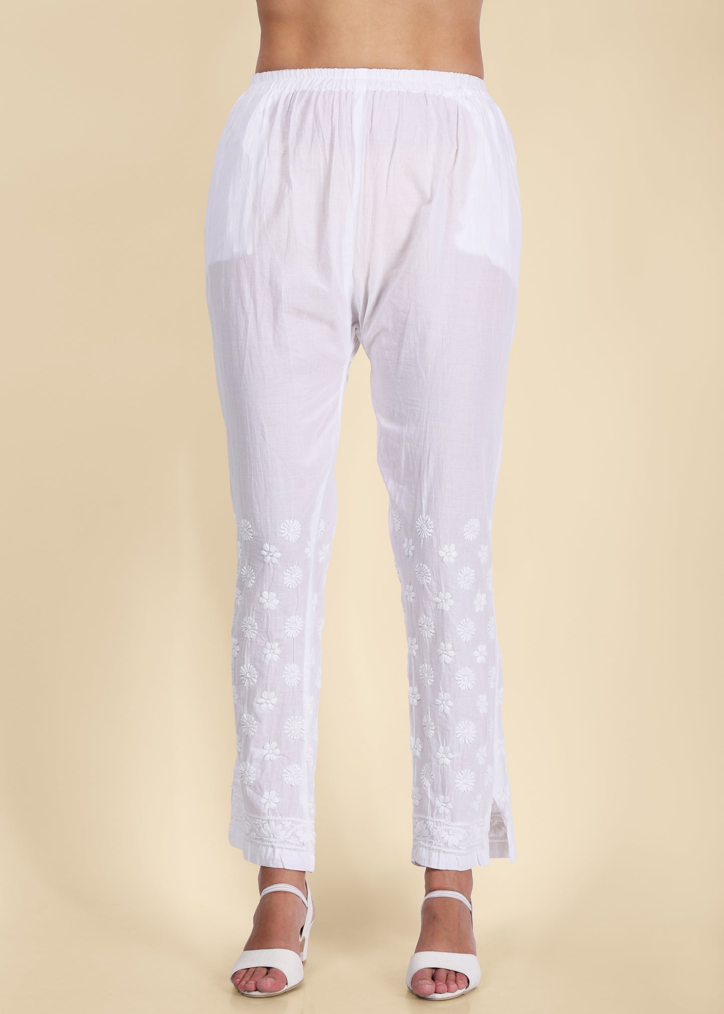 Lucknow Chikankari Handmade White Stretchable Cotton Pants for Girls.