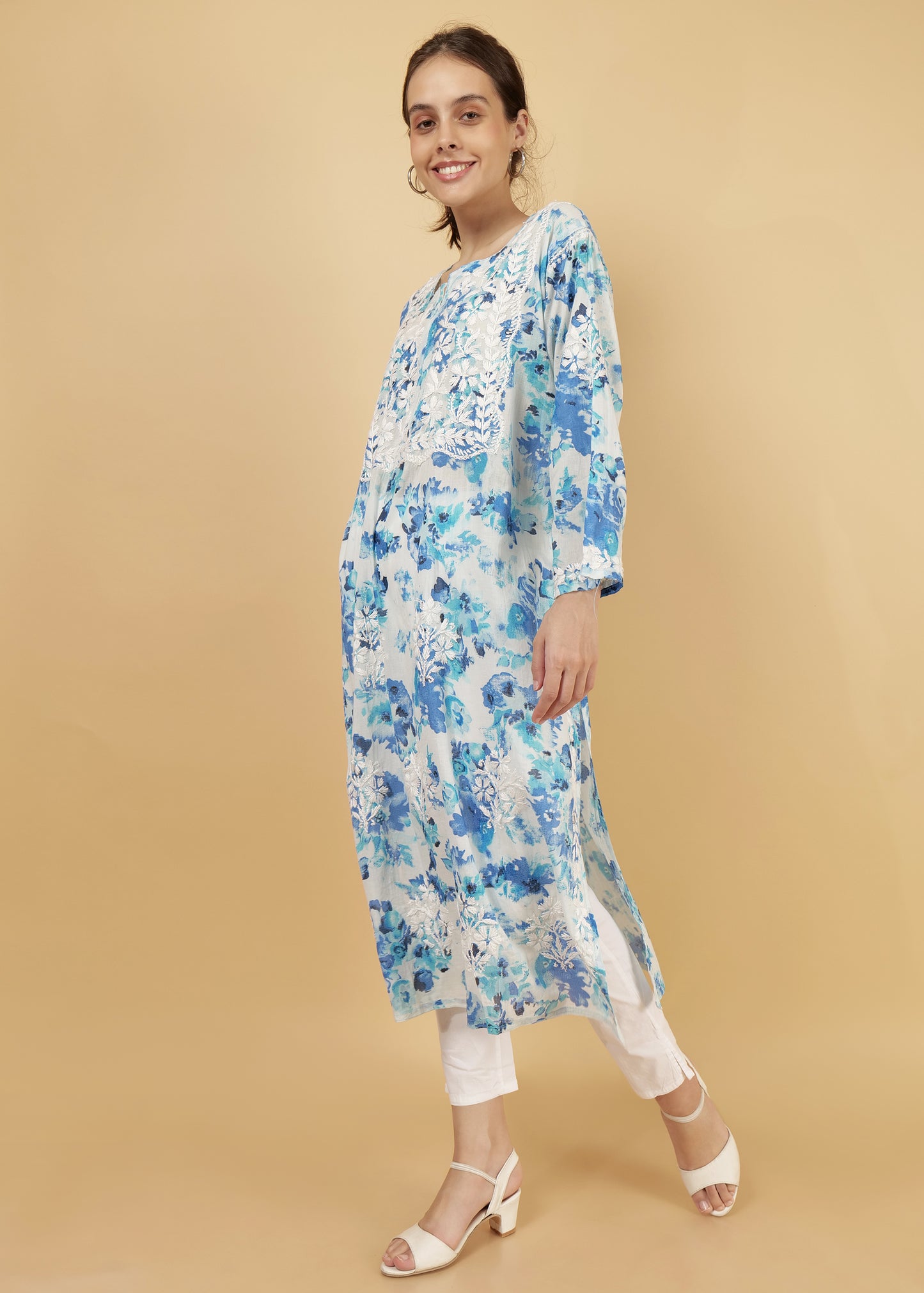 Pure Mulmul Floral Print Blue Chikankari Long Straight Kurta