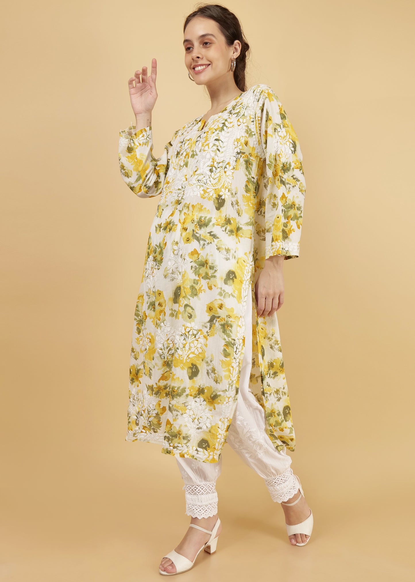 Pure Mulmul Floral PrInt Yellow Chikankari Long Straight Kurta