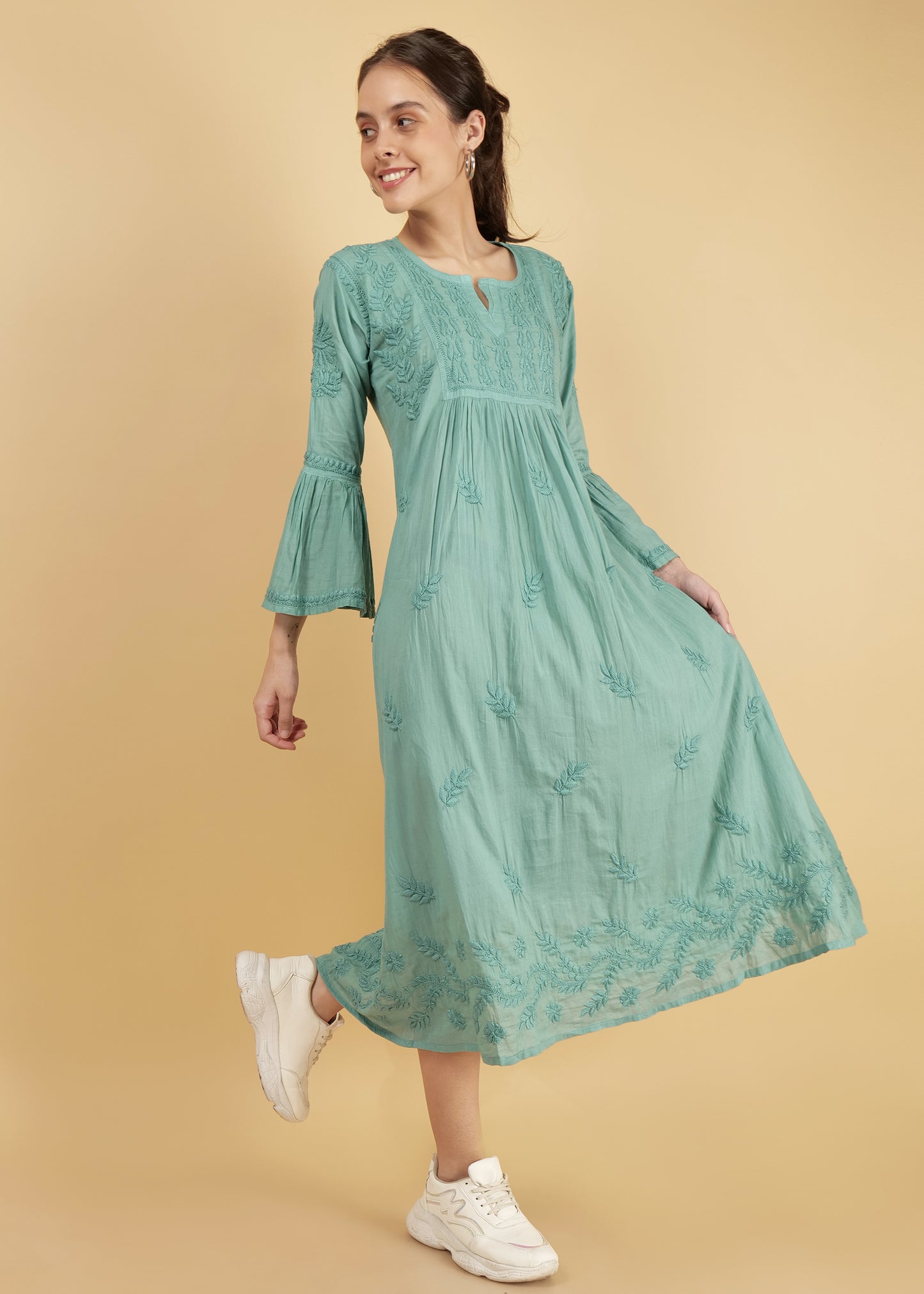 Mulmul Hand Embroidered Knee length Chikankari Dress Green