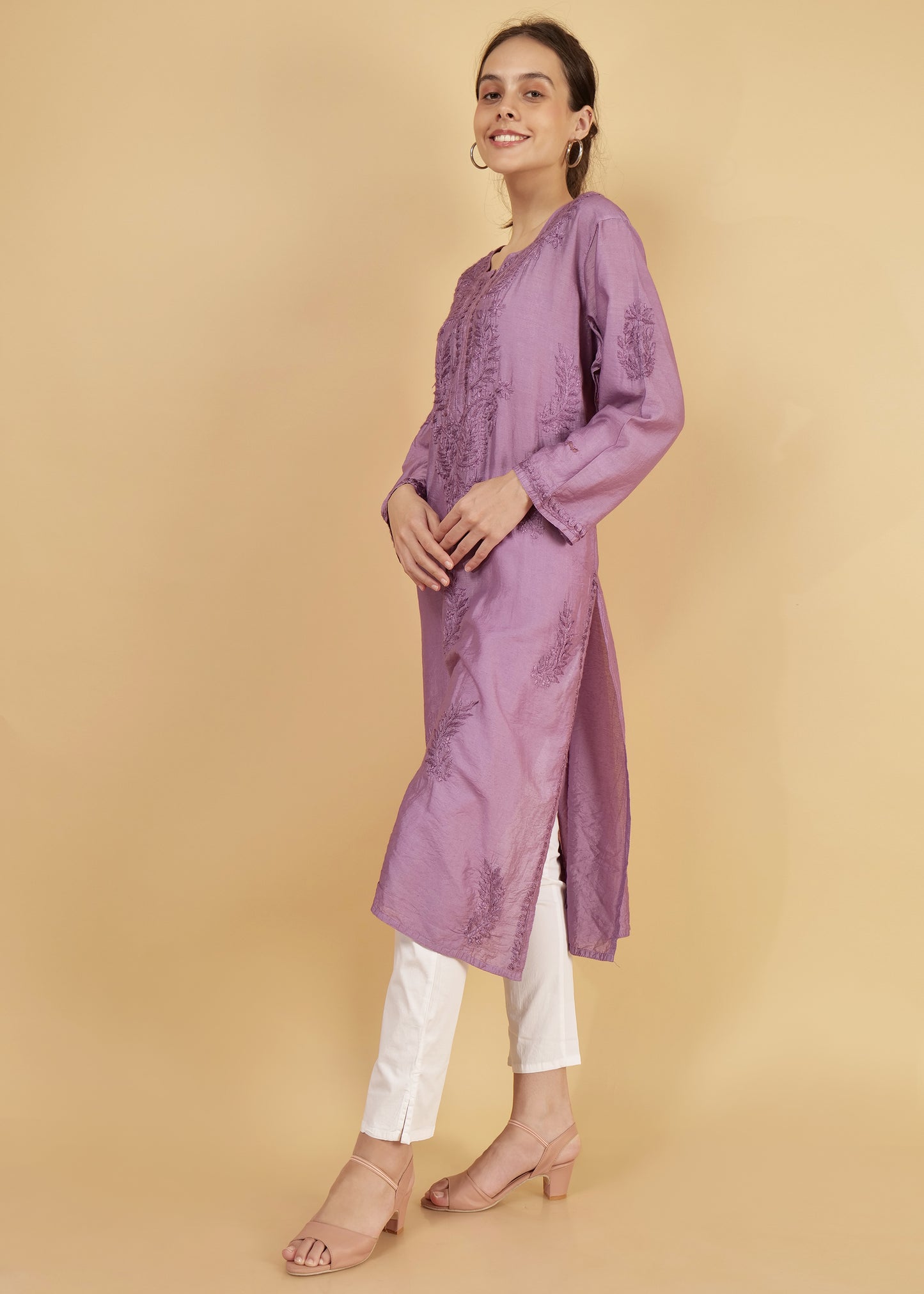 Chanderi Silk Hand Embroidered Long Purple Festive  Kurta