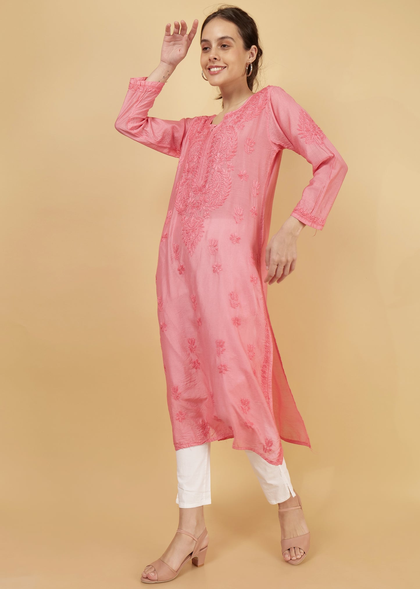 Chanderi Silk Hand Embroidered Long Pink Festive  Kurta