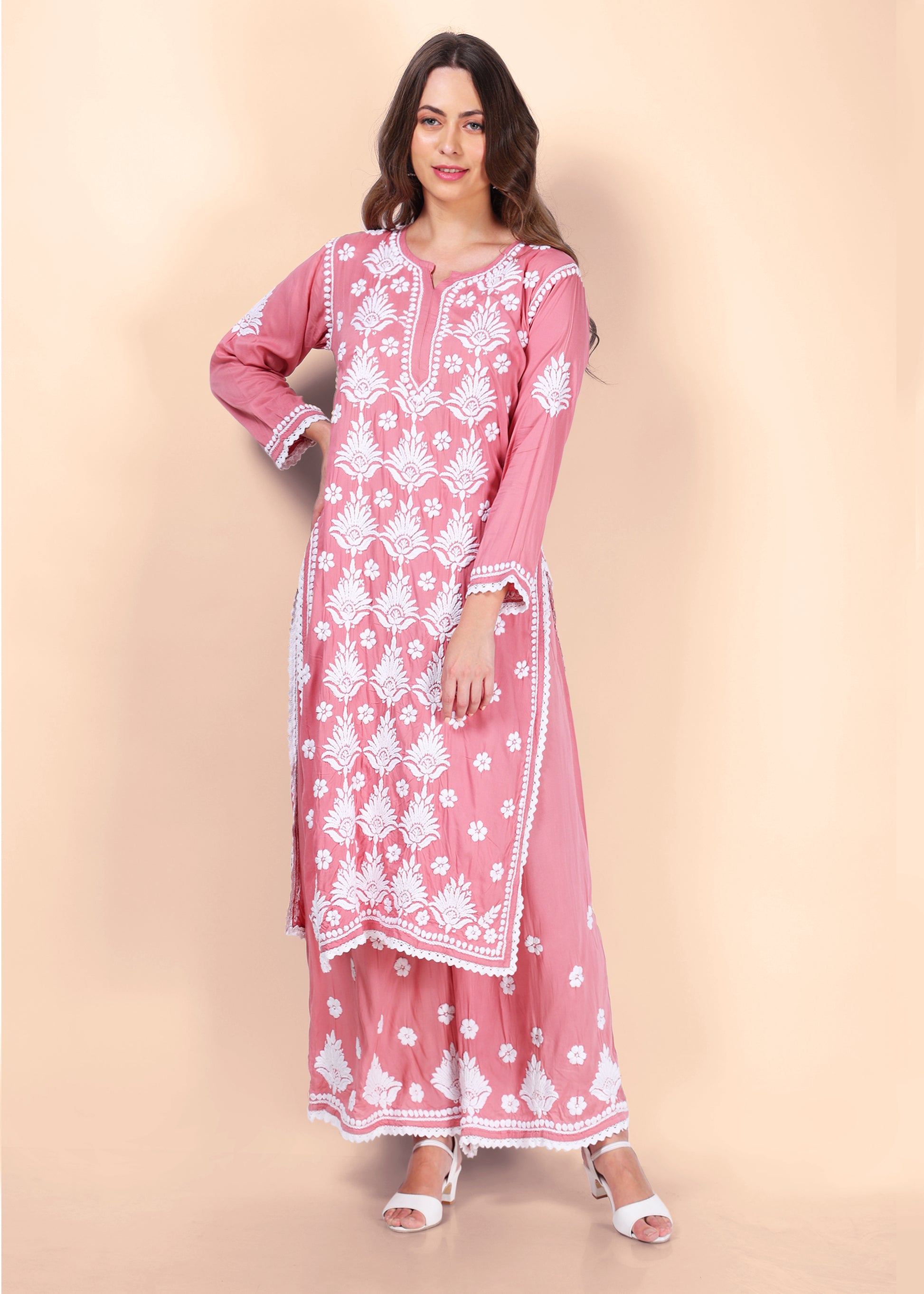Modal Hand Embroided Lucknow Chikankari Palazo set.