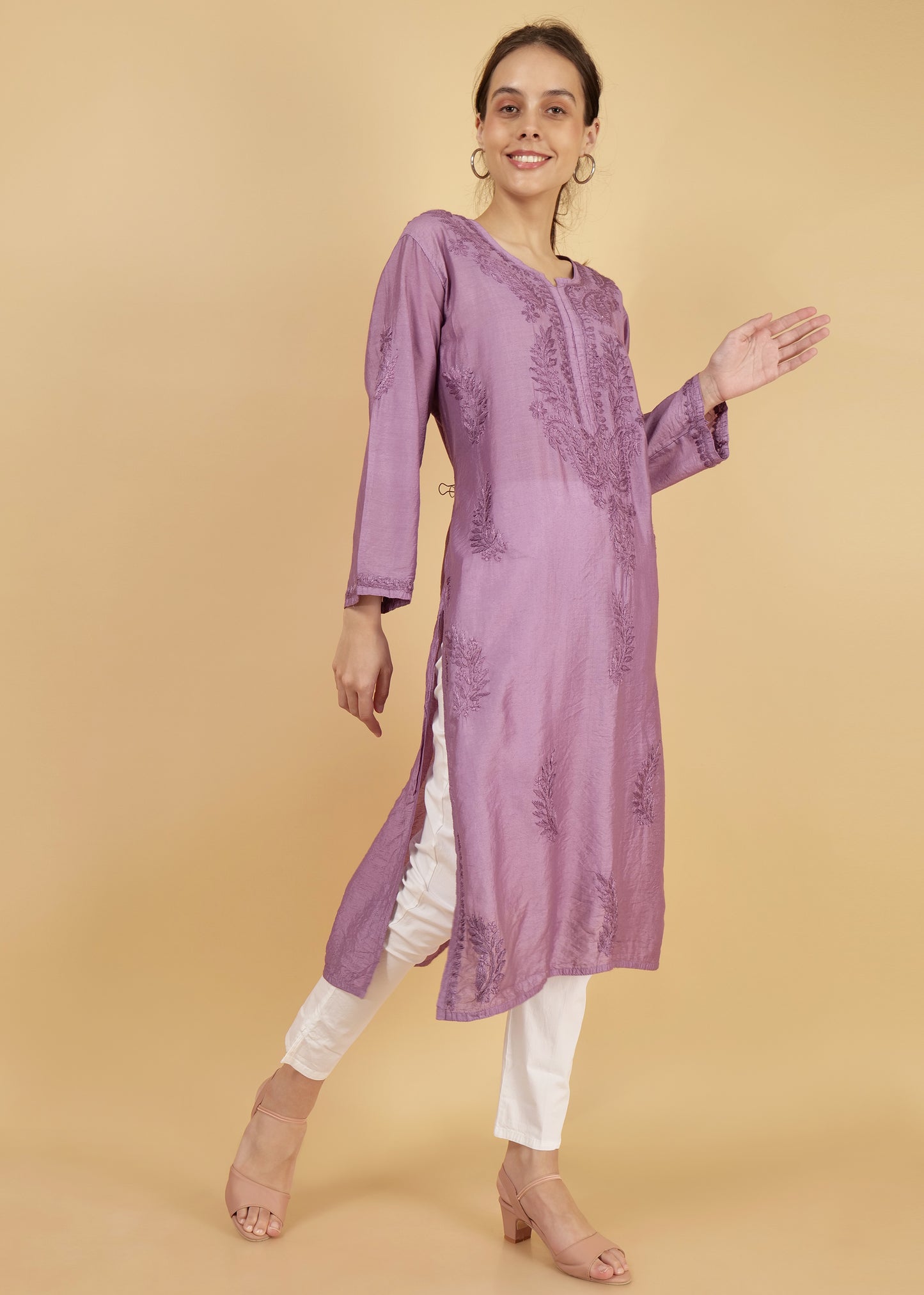 Chanderi Silk Hand Embroidered Long Purple Festive  Kurta