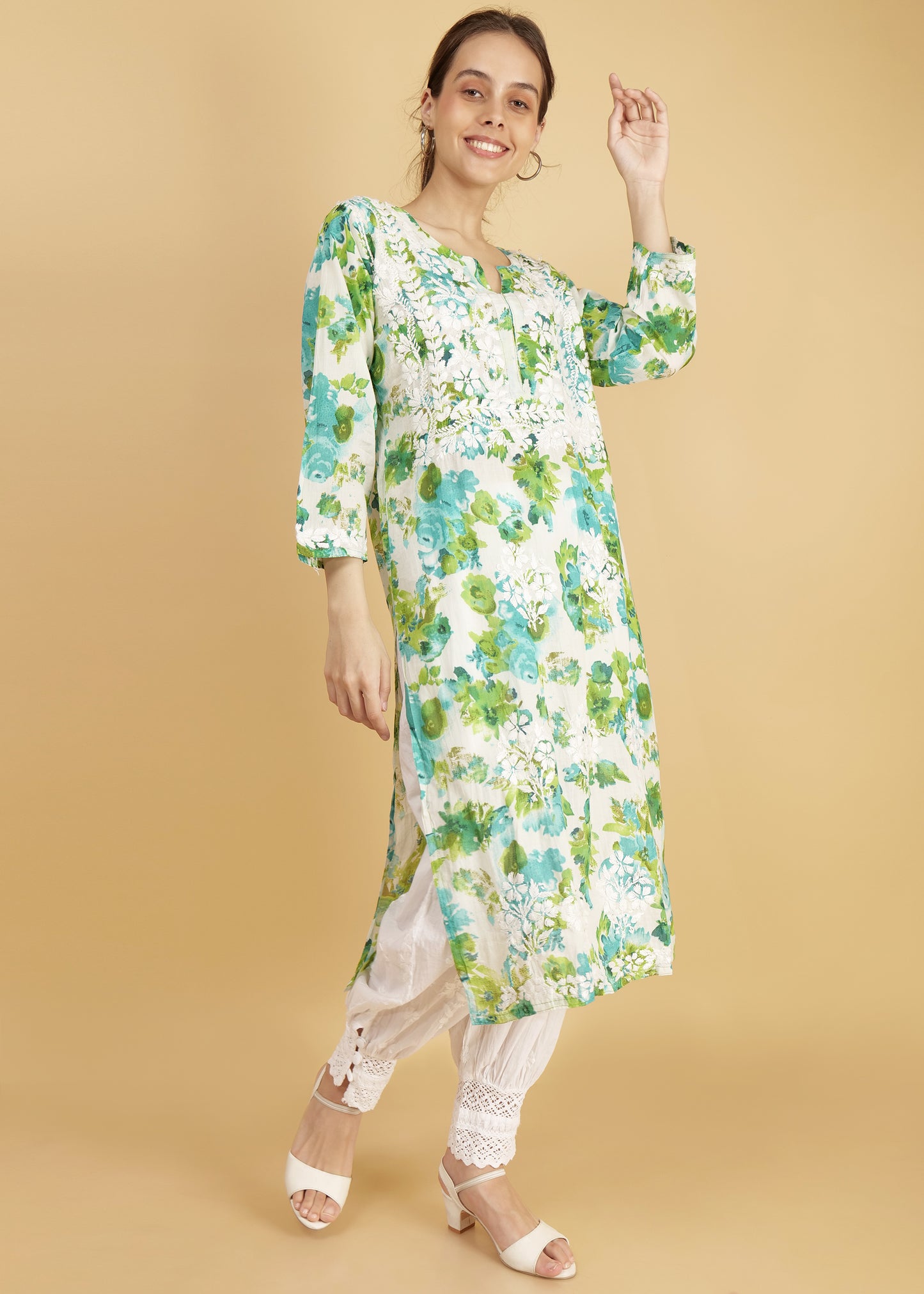 Pure Mulmul Floral Print Green Chikankari Long Straight Kurta