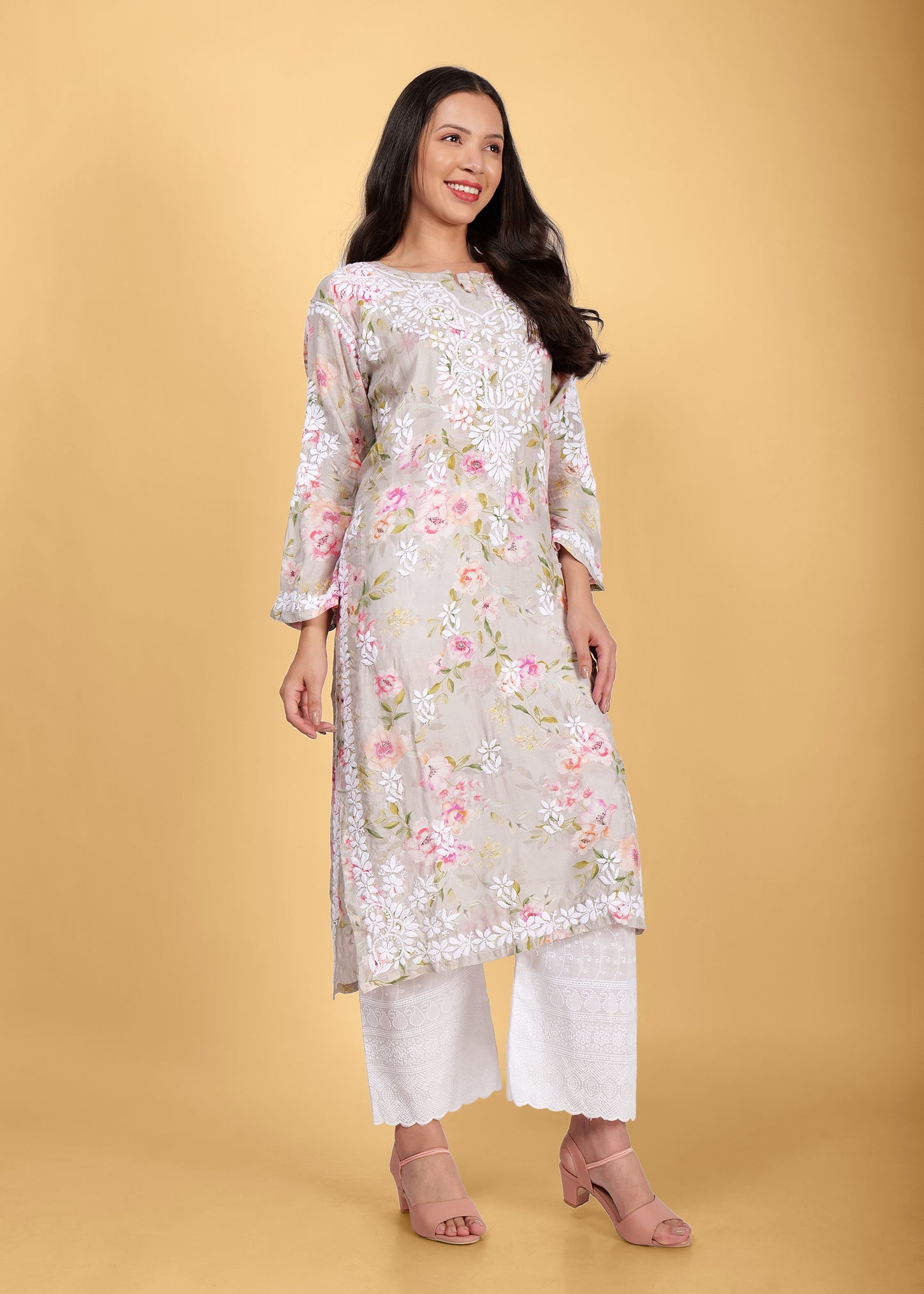 Muslin Hand Embroided Lucknow Chikankari Printed Straight Kurta