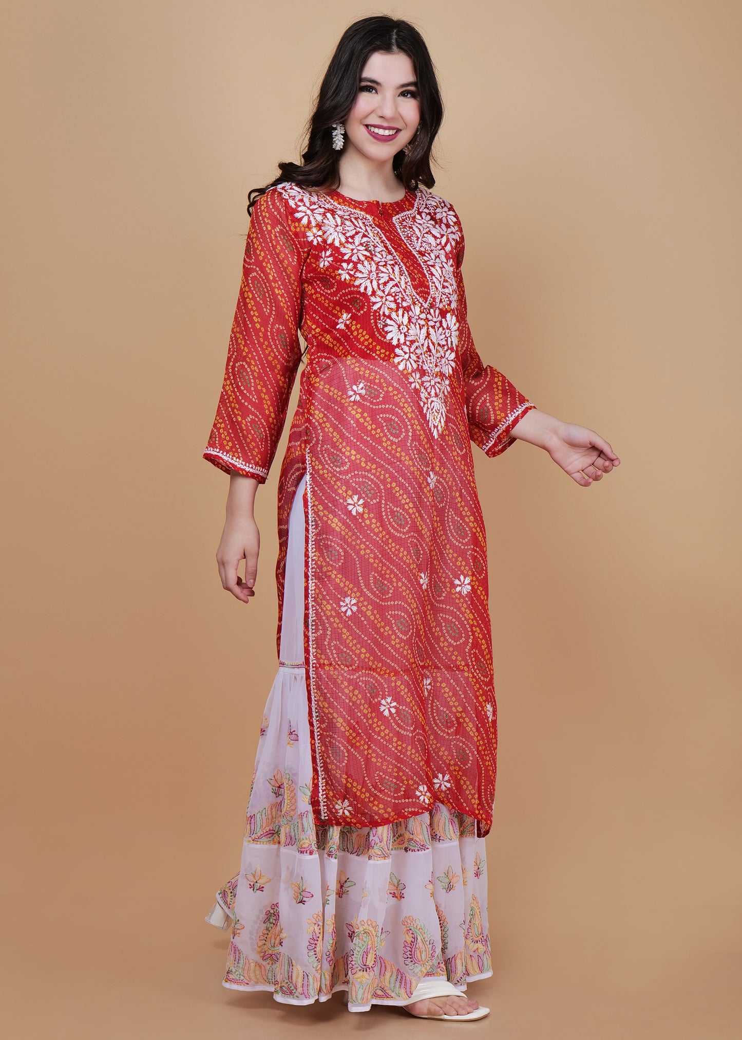 Kota Doria Chikankari Masterpiece Straight Kurta -Darl Red