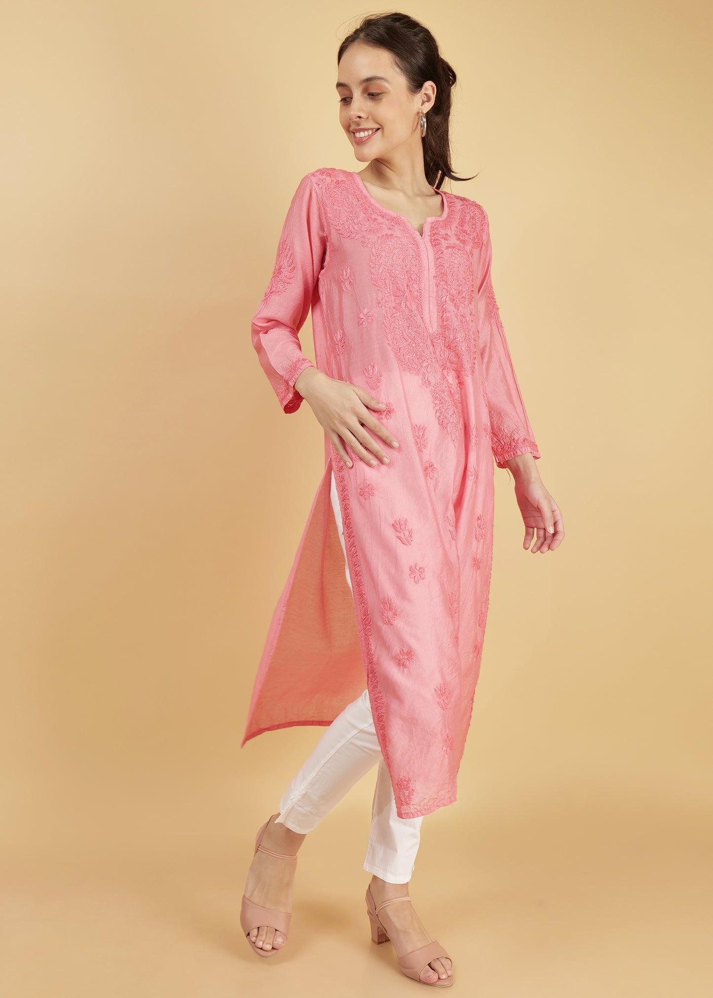 Chanderi Silk Hand Embroidered Long Pink Festive  Kurta
