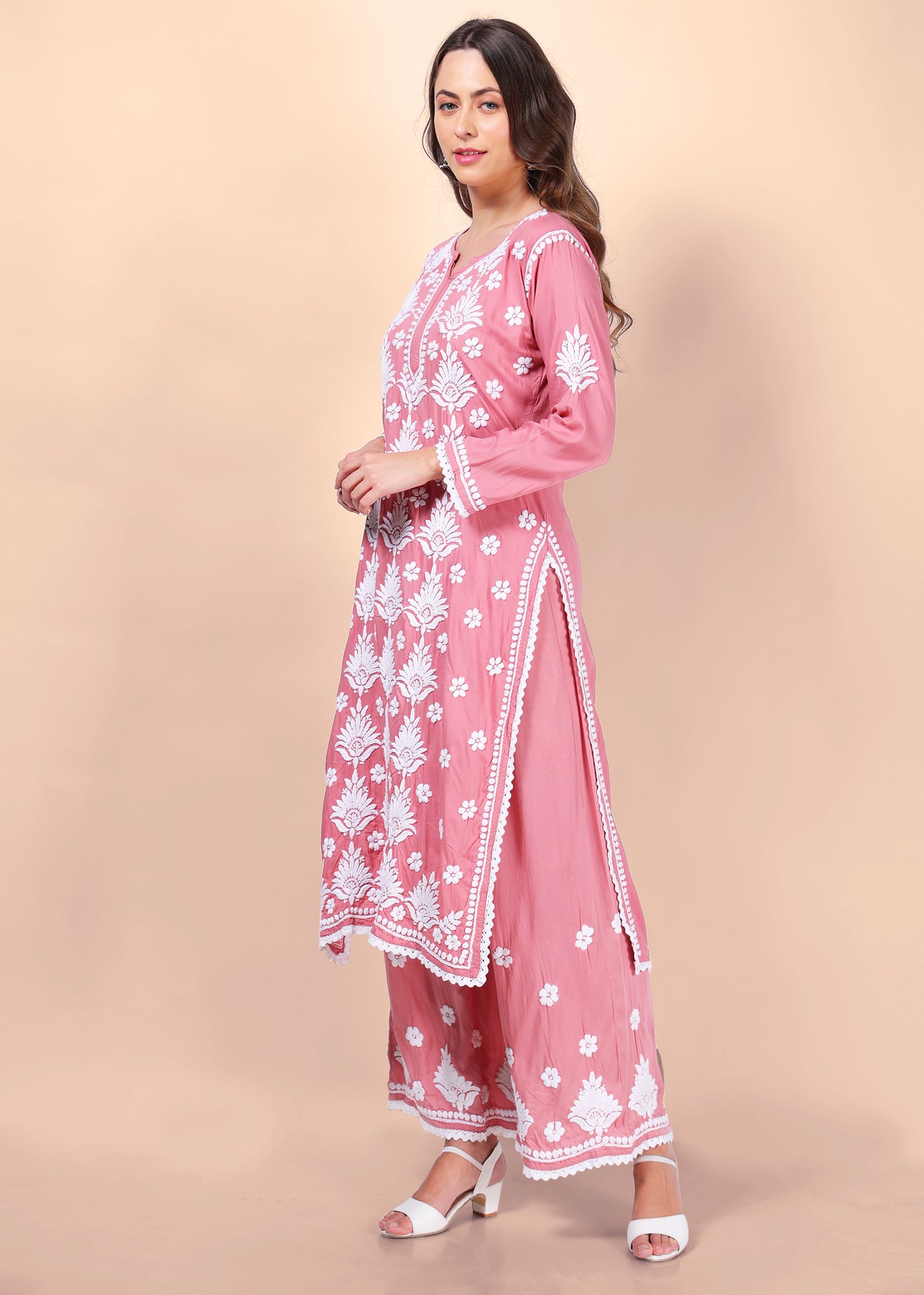 Modal Hand Embroided Lucknow Chikankari Palazo set.