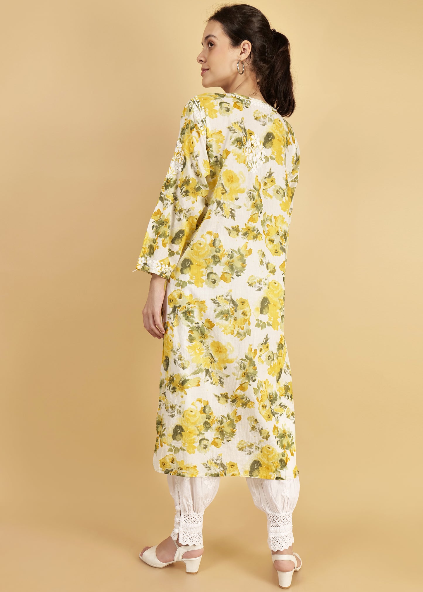 Pure Mulmul Floral PrInt Yellow Chikankari Long Straight Kurta