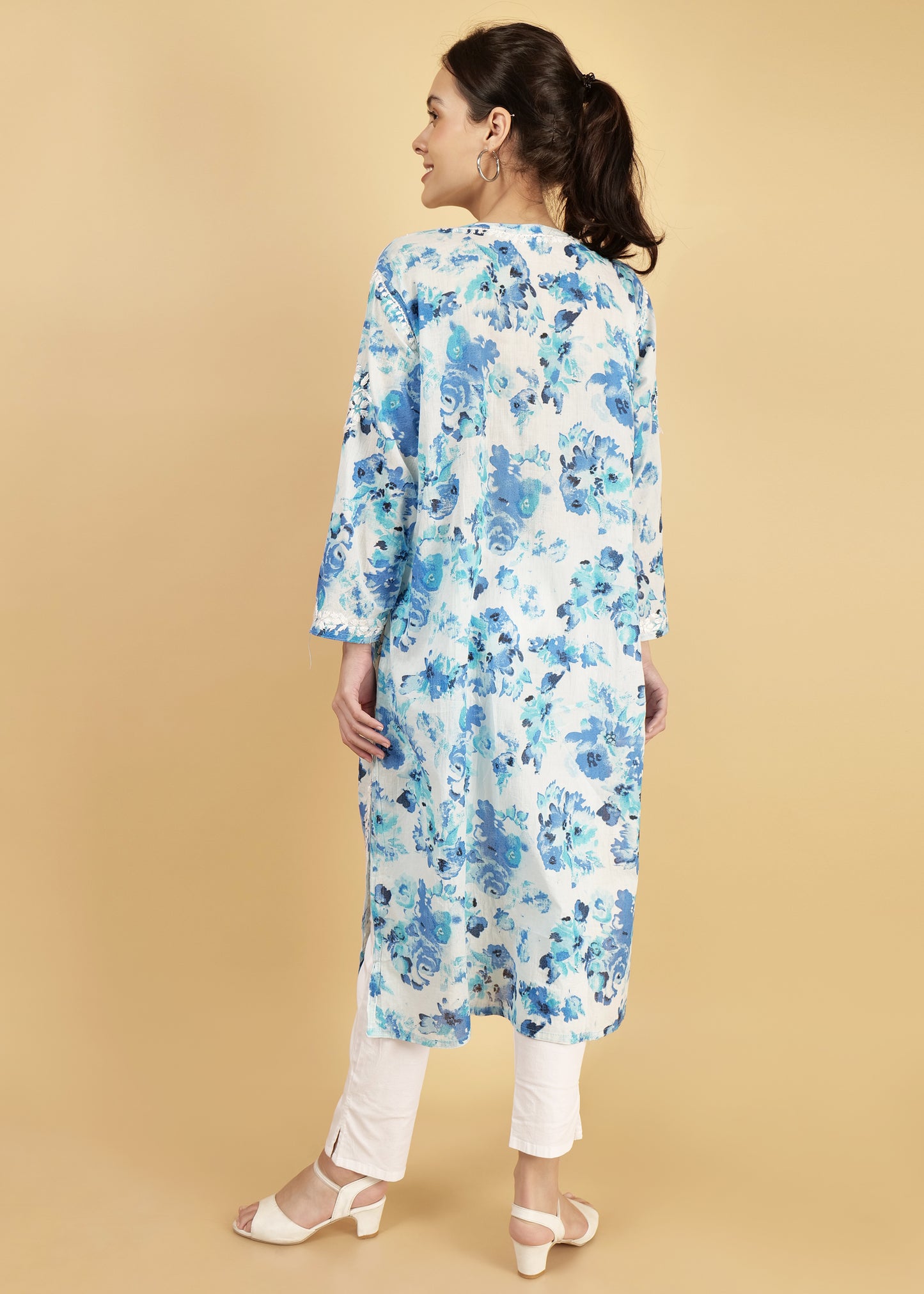 Pure Mulmul Floral Print Blue Chikankari Long Straight Kurta