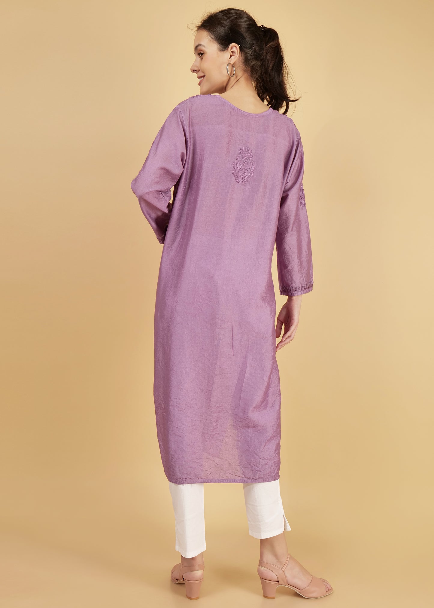 Chanderi Silk Hand Embroidered Long Purple Festive  Kurta