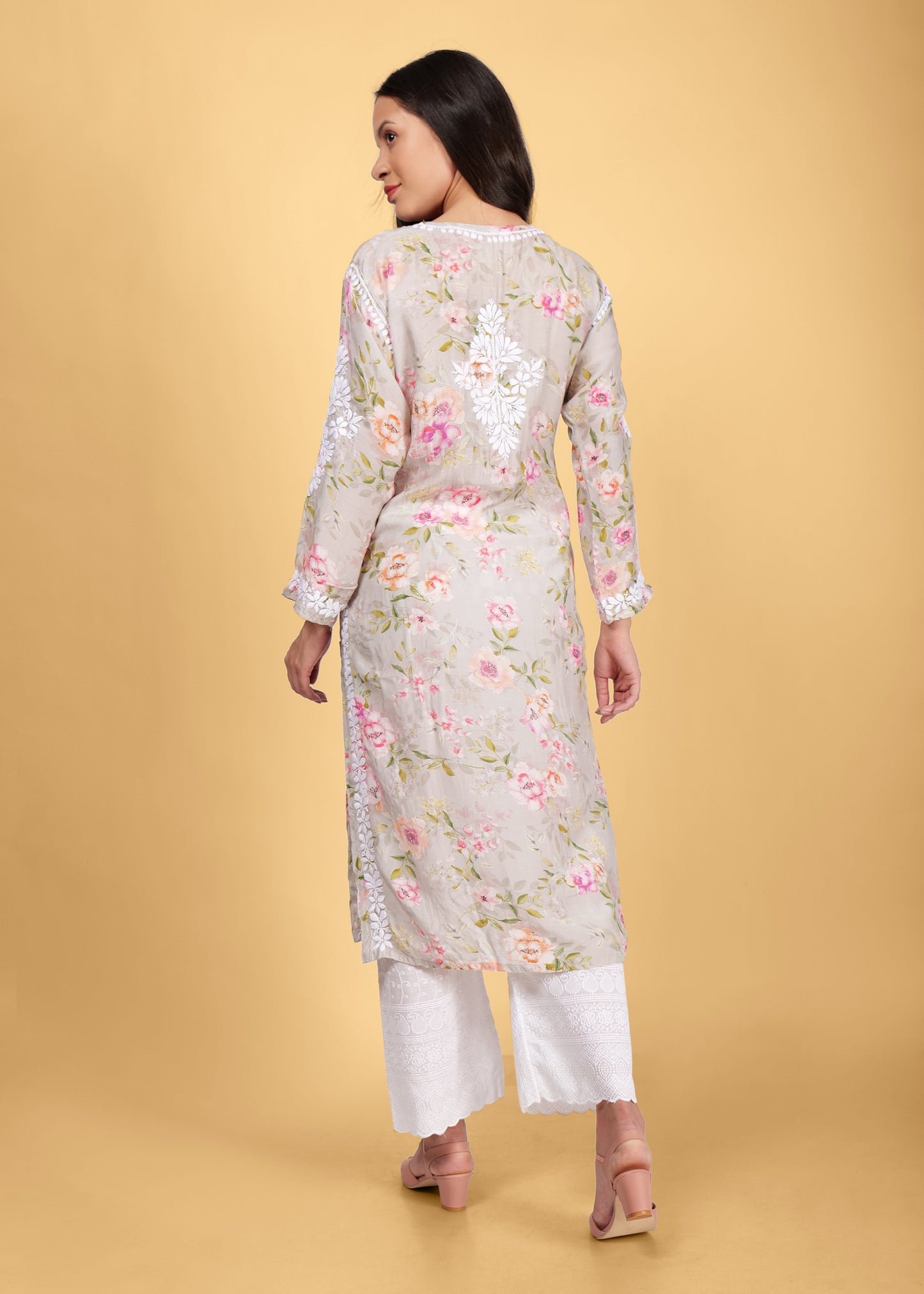 Muslin Hand Embroided Lucknow Chikankari Printed Straight Pink Kurta