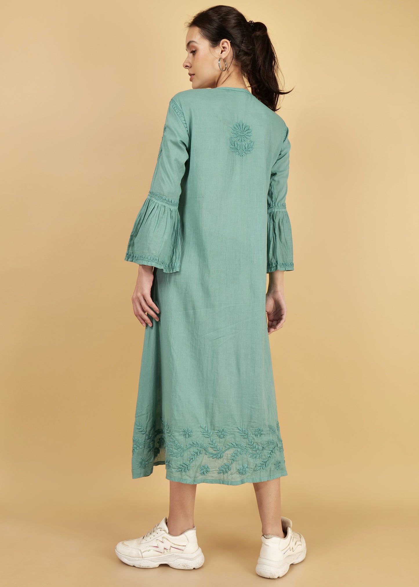 Mulmul Hand Embroidered Knee length Chikankari Dress Green