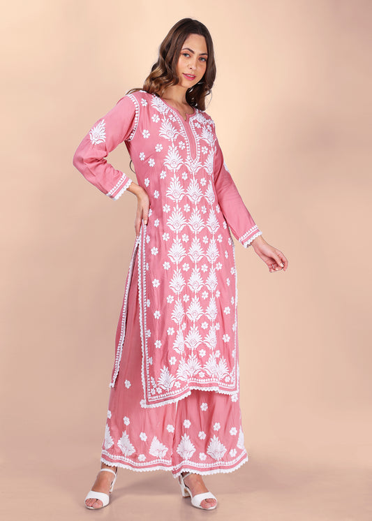 Modal Hand Embroided Lucknow Chikankari Palazo set - Pink.