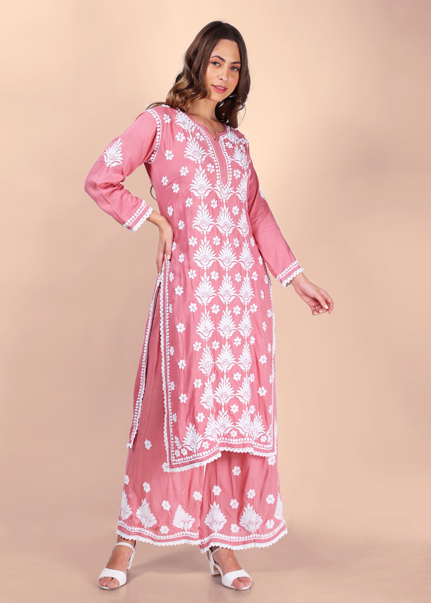 Modal Hand Embroided Lucknow Chikankari Palazo set.