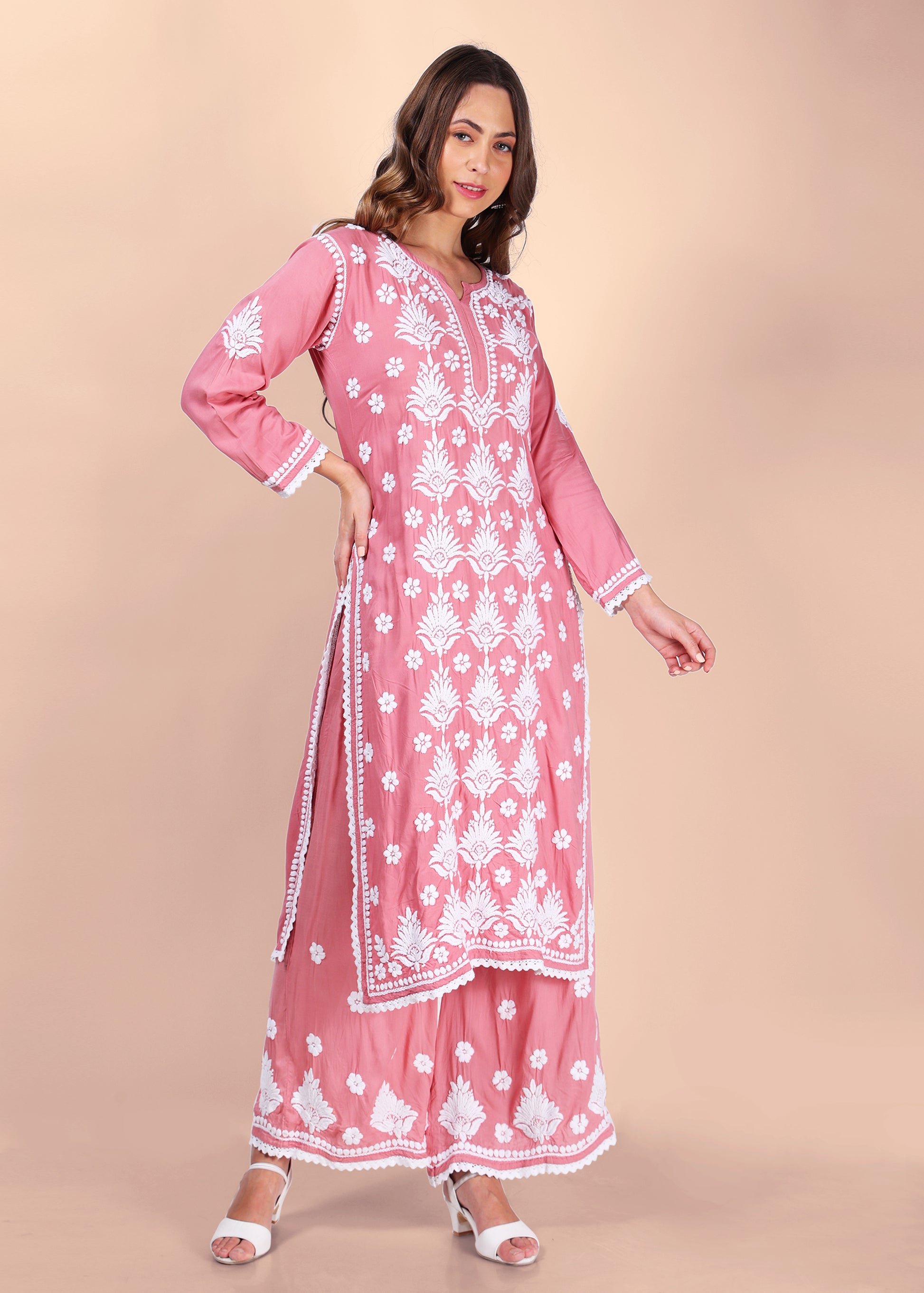 Modal Hand Embroided Lucknow Chikankari Palazo set.