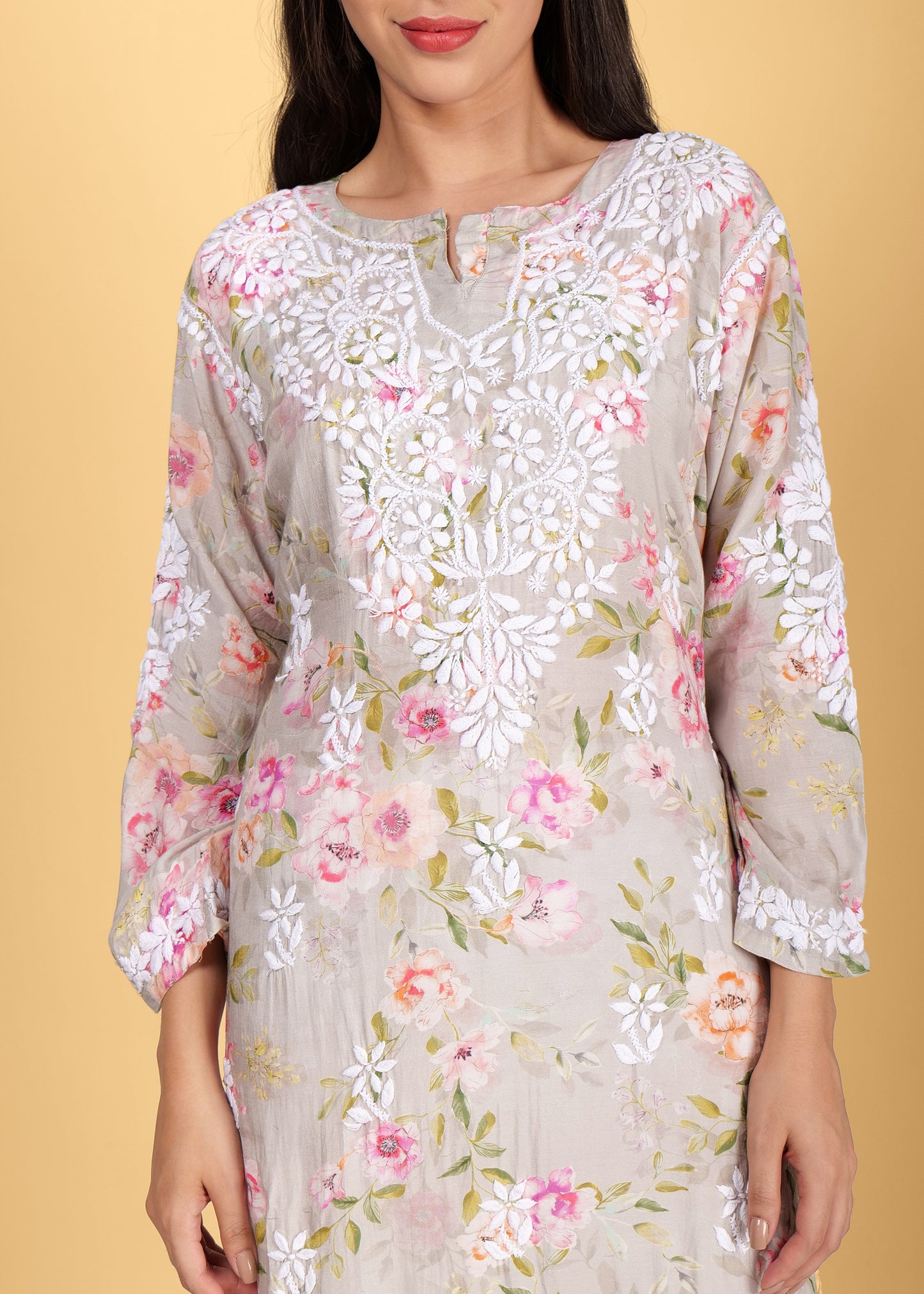 Muslin Hand Embroided Lucknow Chikankari Printed Straight Green Kurta