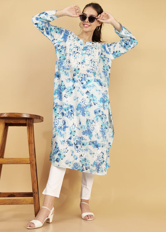 Pure Mulmul Floral Print Blue Chikankari Long Straight Kurta