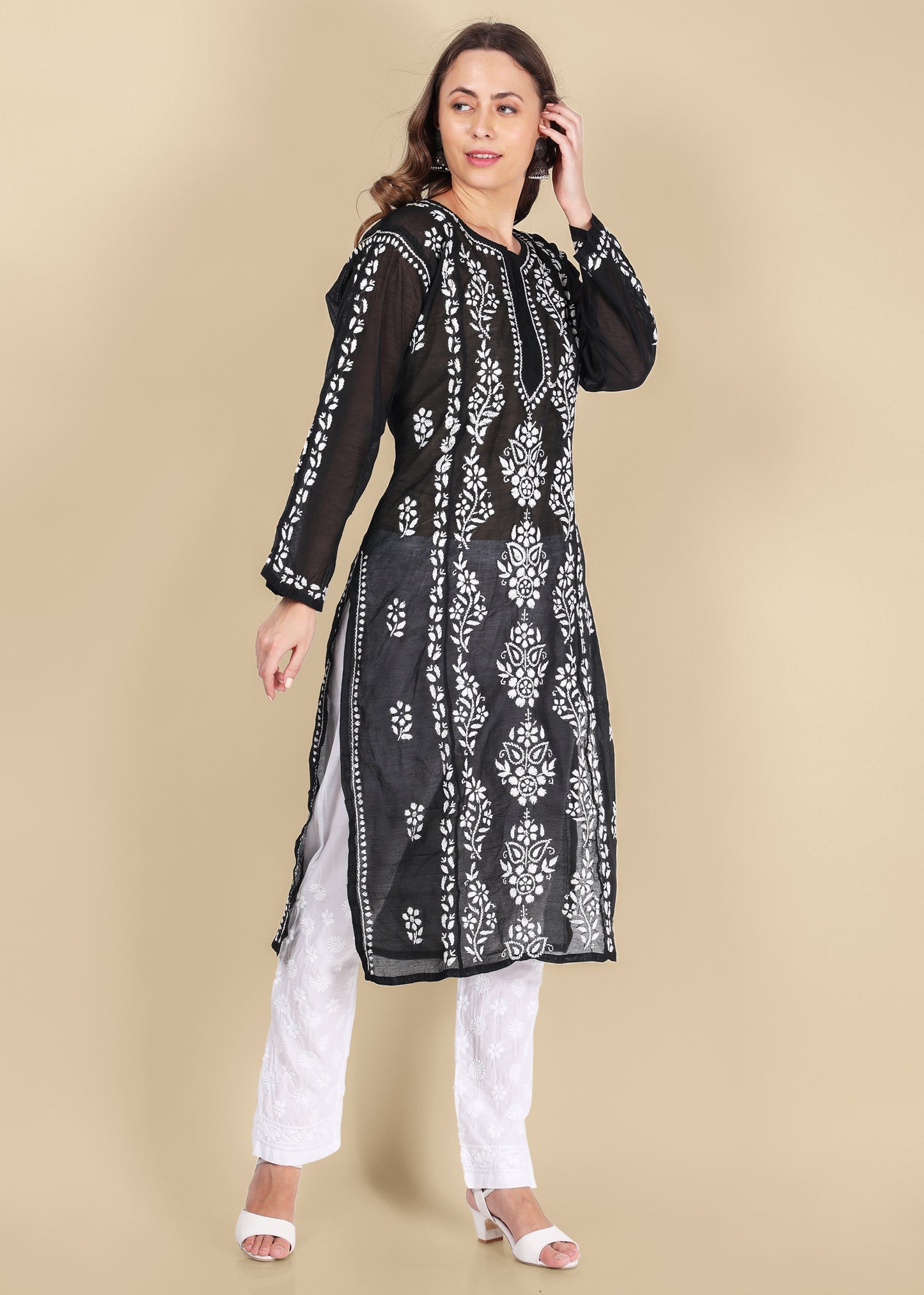Lucknow Chikankari Handmade White Stretchable Cotton Pants for Girls.