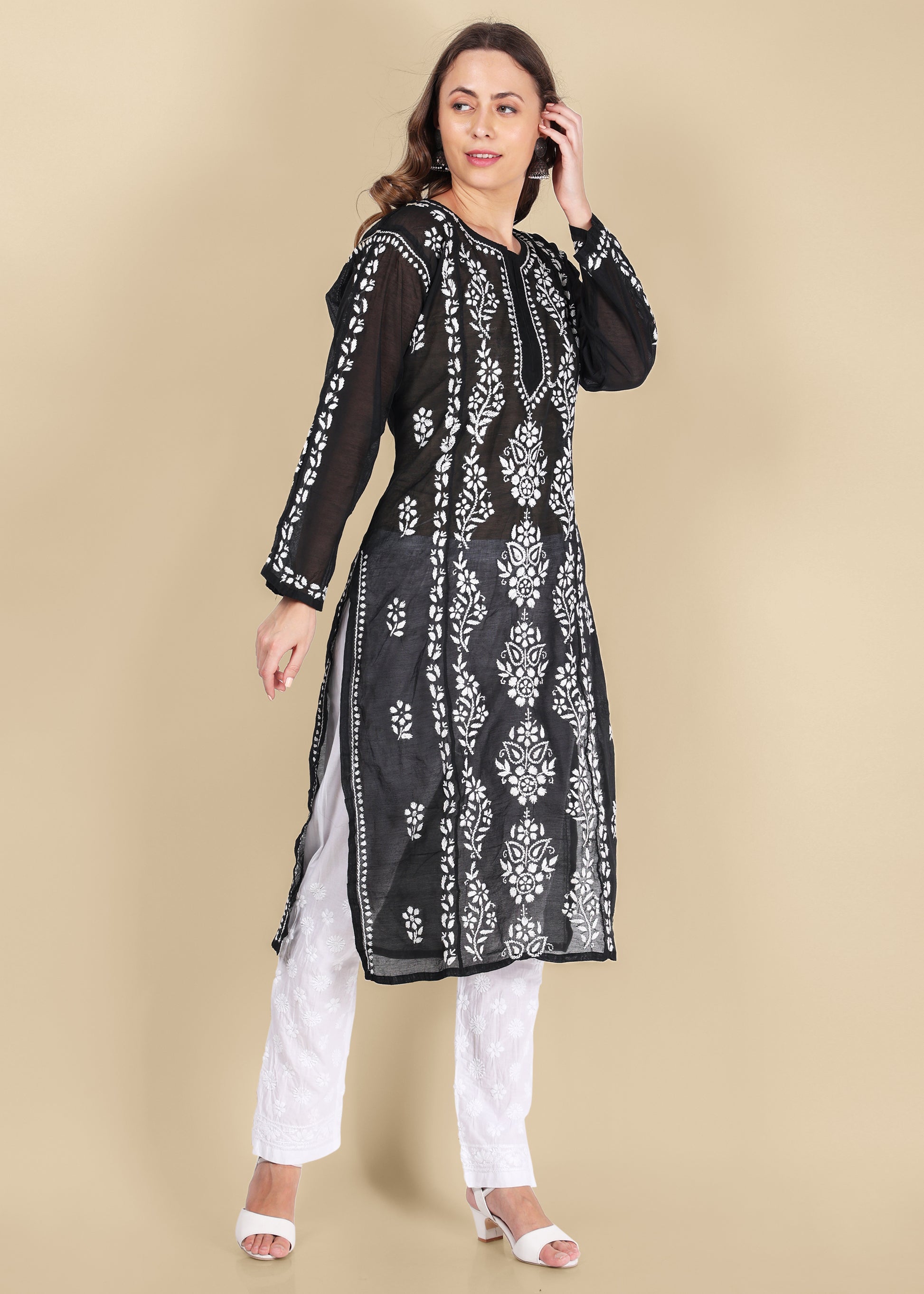 Lucknow Chikankari Handmade White Stretchable Cotton Pants for Girls.