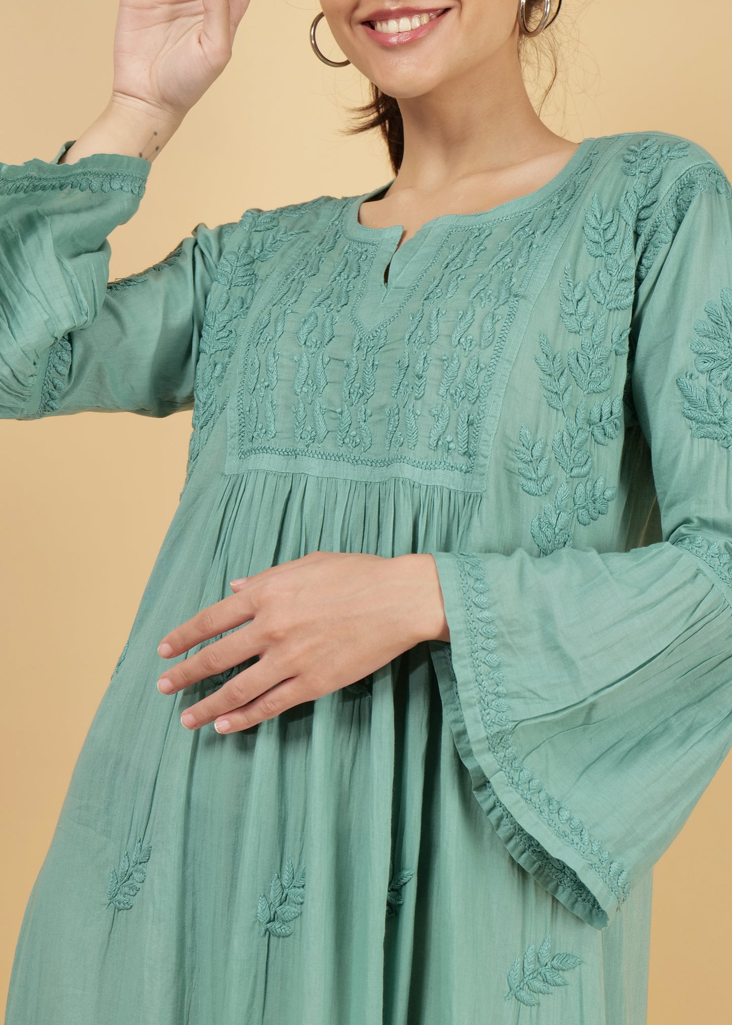 Mulmul Hand Embroidered Knee length Chikankari Dress Green