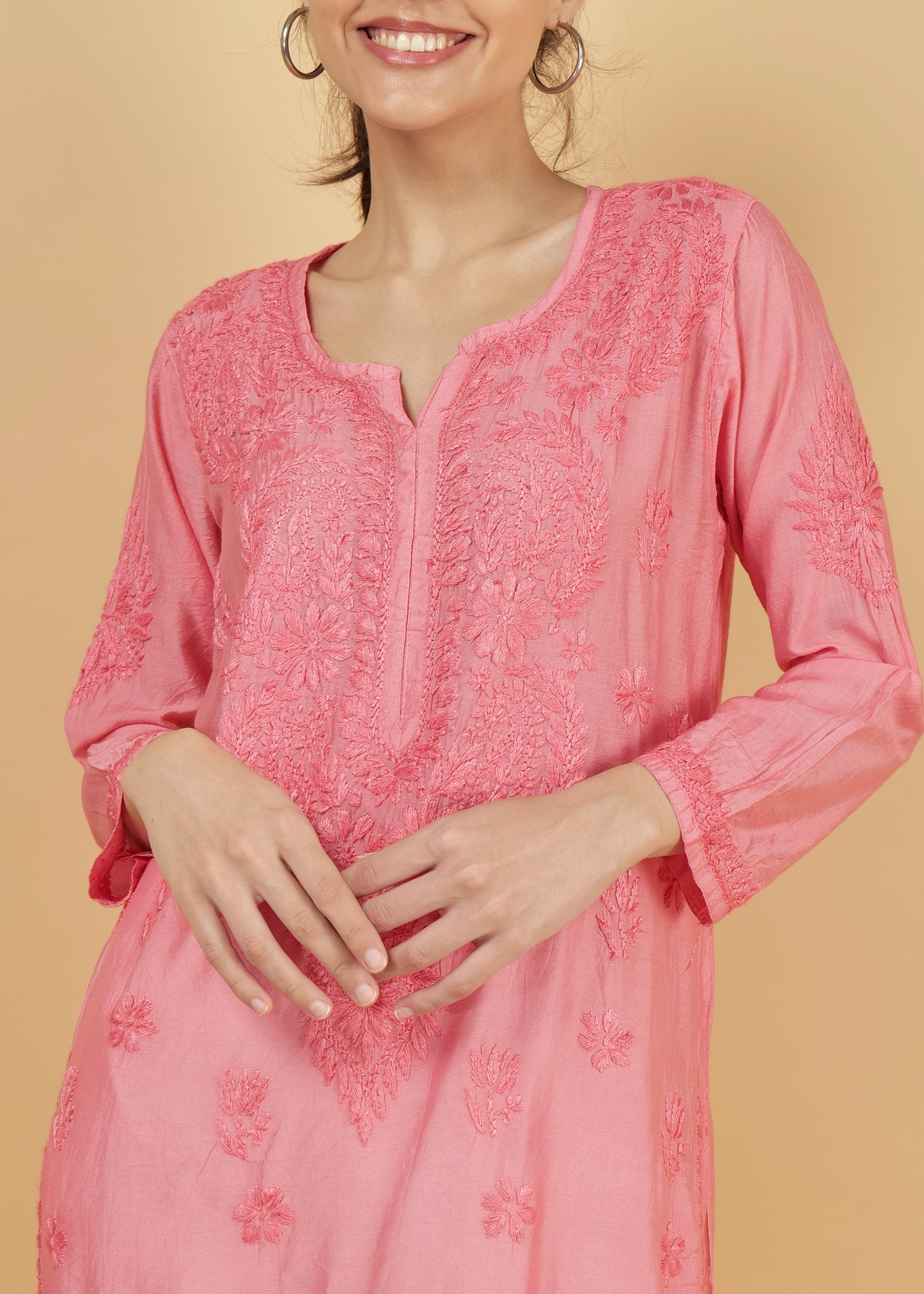 Chanderi Silk Hand Embroidered Long Pink Festive  Kurta