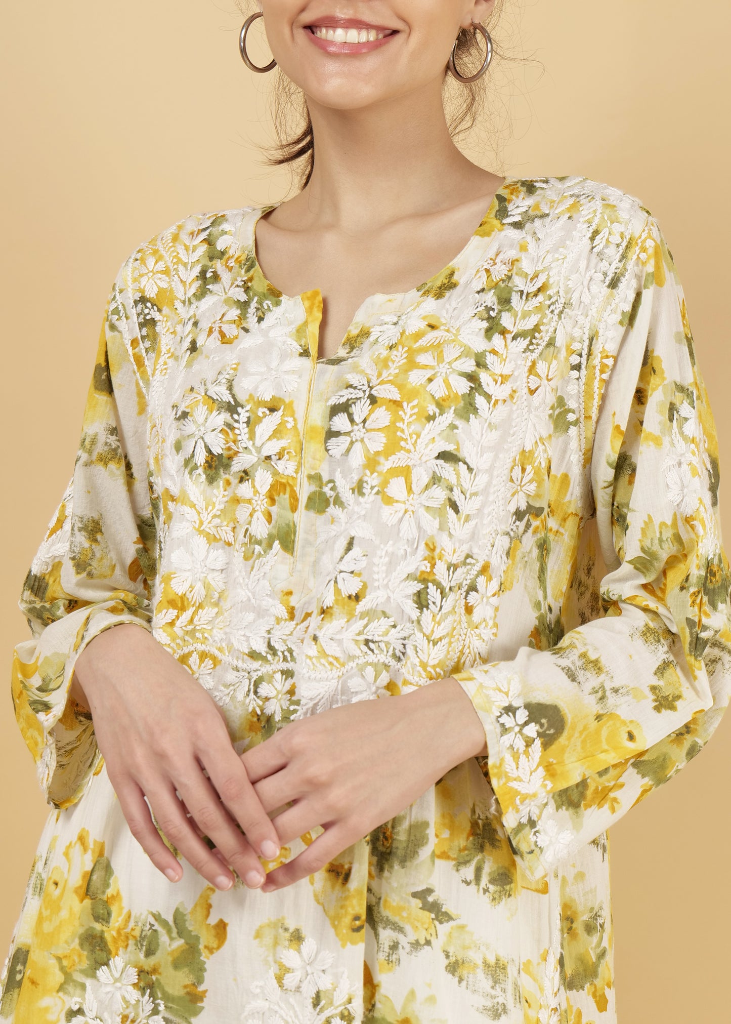 Pure Mulmul Floral PrInt Yellow Chikankari Long Straight Kurta