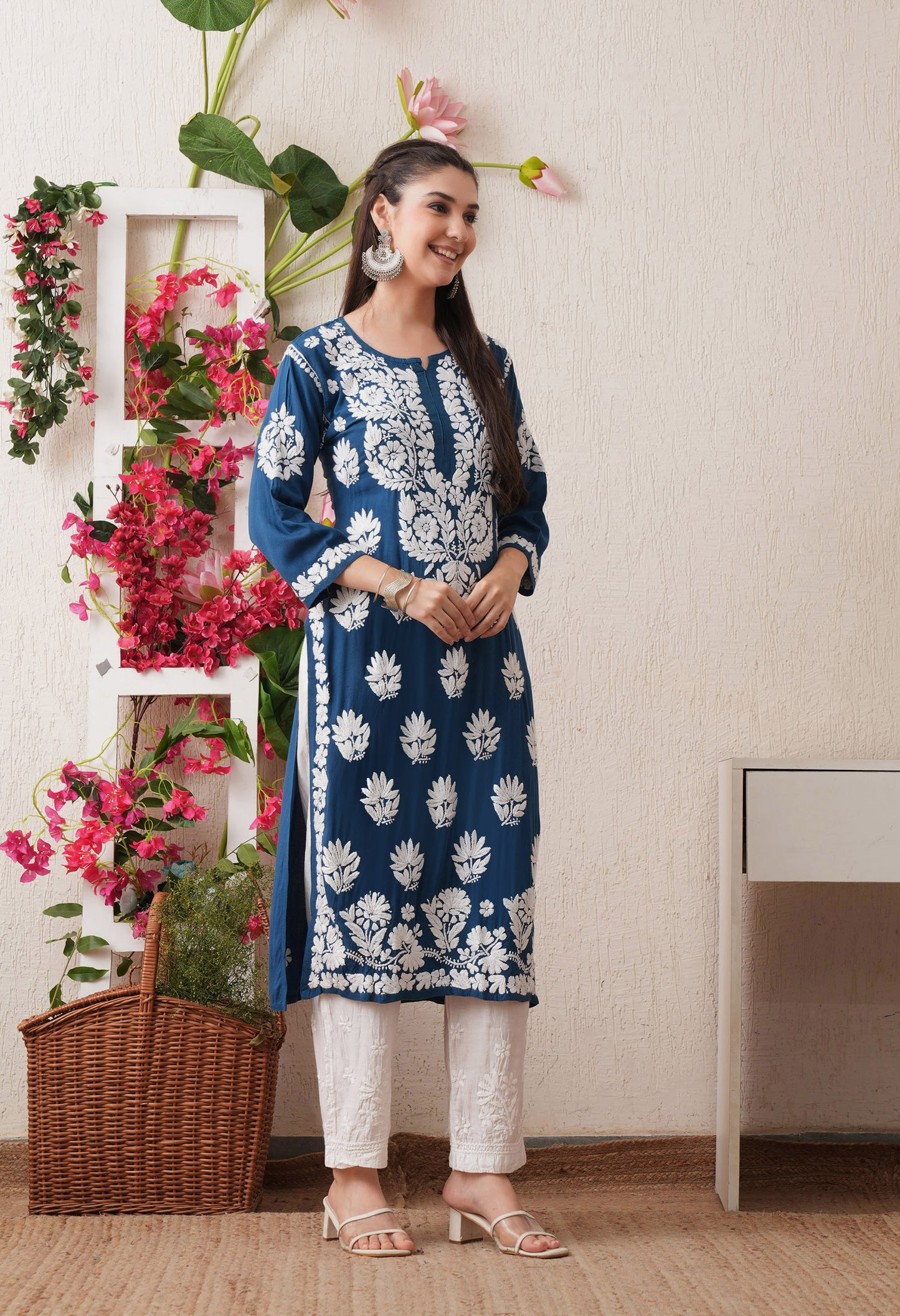 Teal Blue-Embroidered Rayon Chikankari Straight Kurta