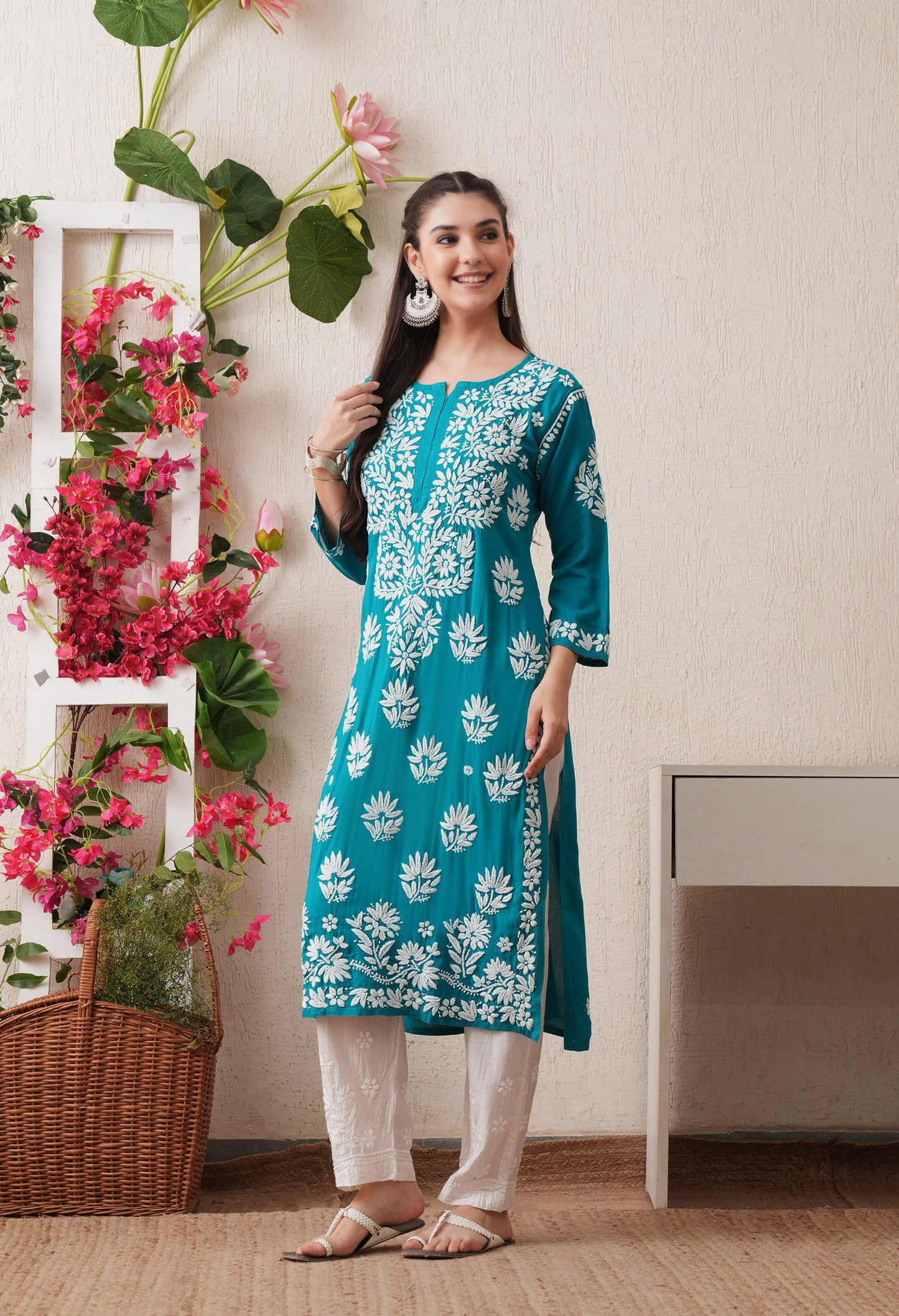 Firozi Hand-Embroidered Rayon Chikankari Straight Kurta