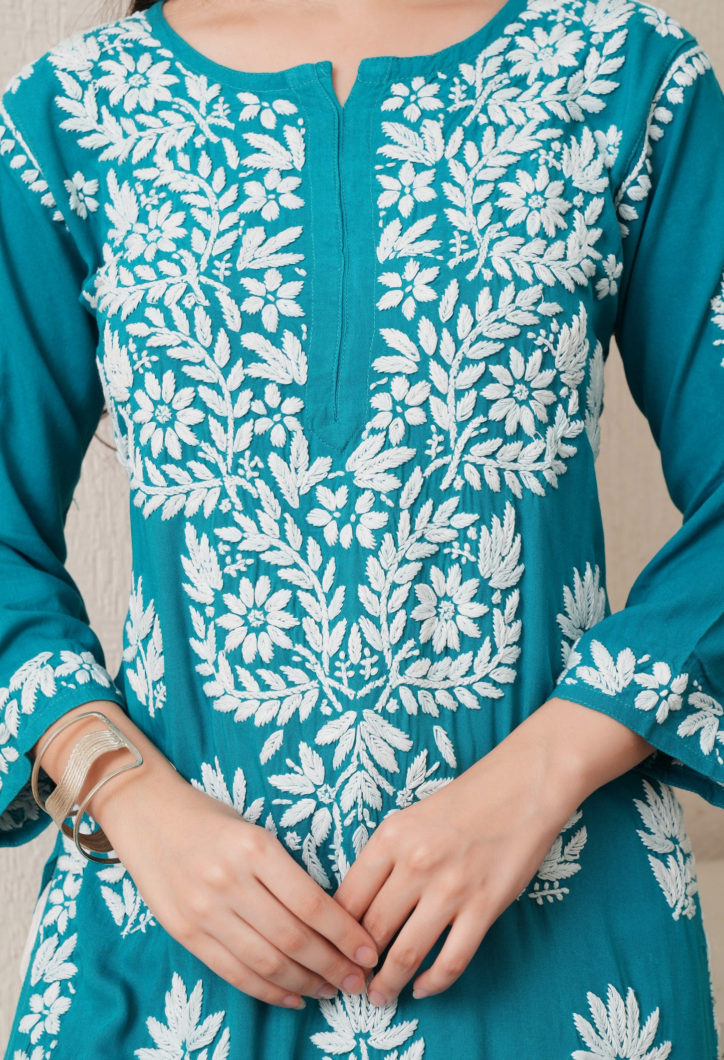 Firozi Hand-Embroidered Rayon Chikankari Straight Kurta