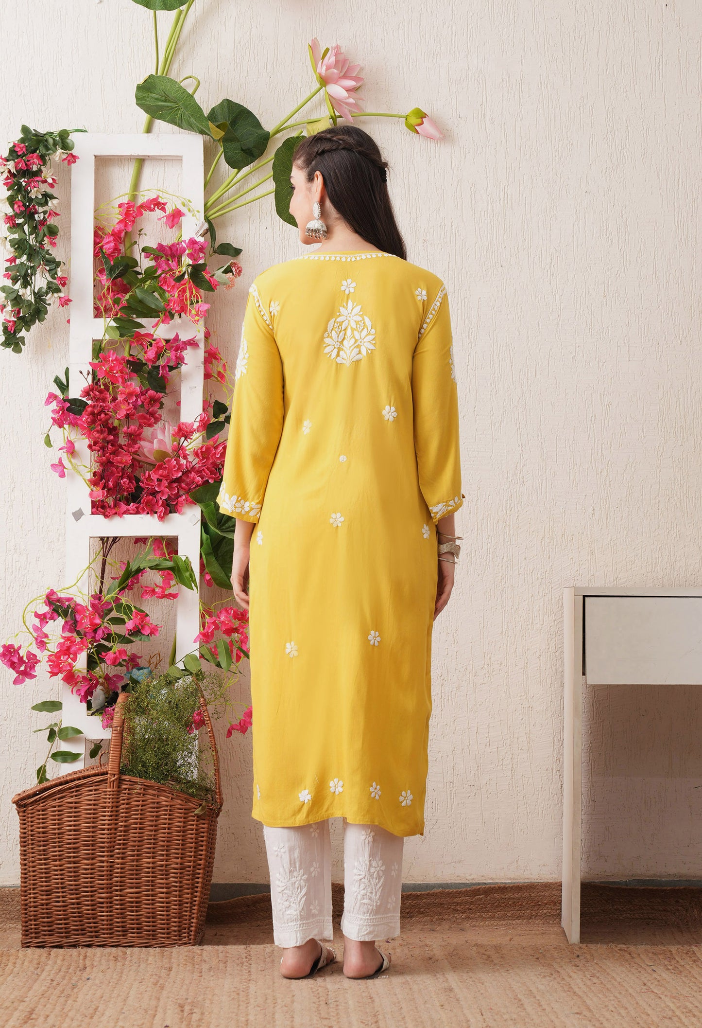 Mustard-Embroidered Rayon Chikankari Straight Kurta