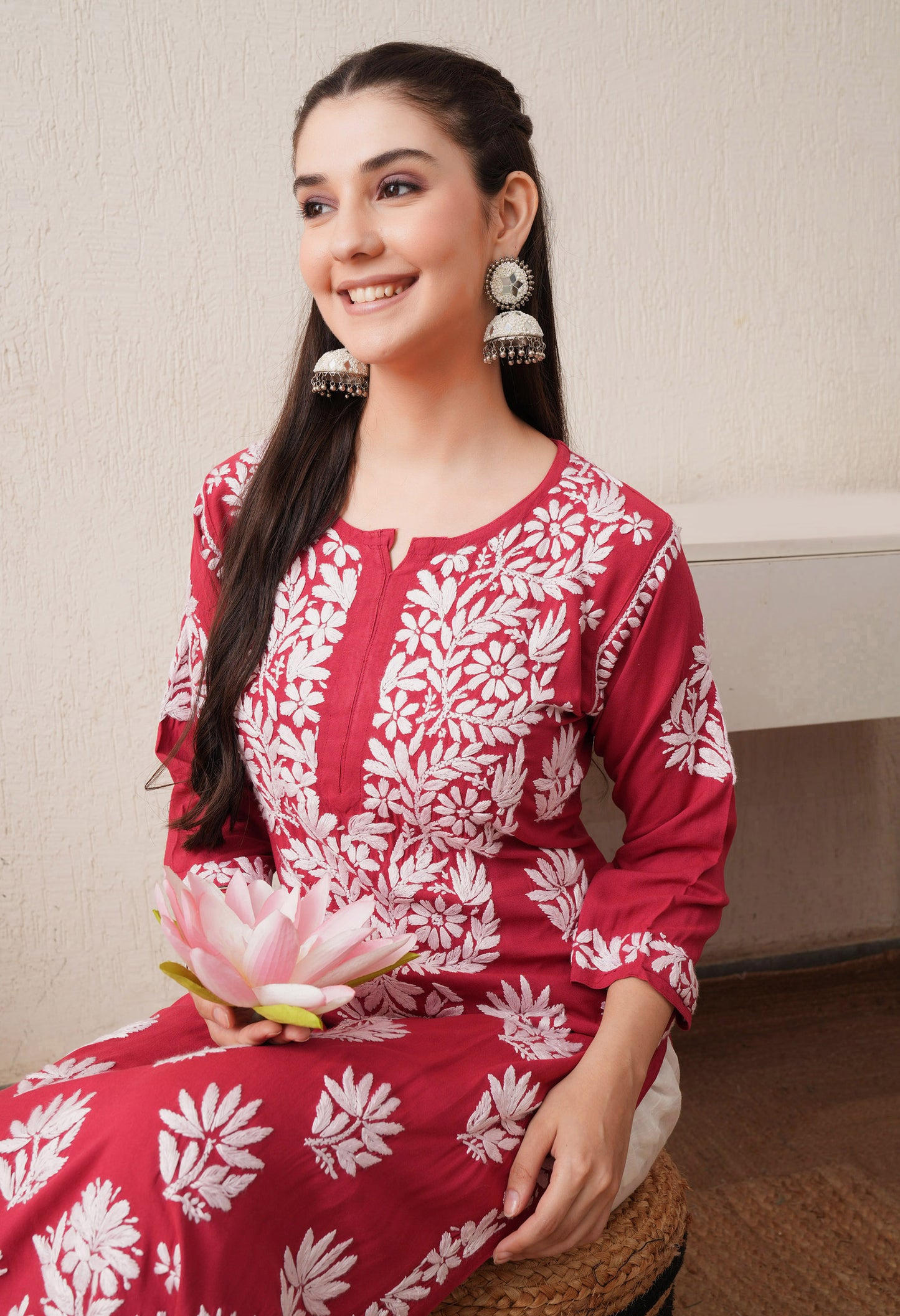 Onion Pink-Embroidered Rayon Chikankari Straight Kurta