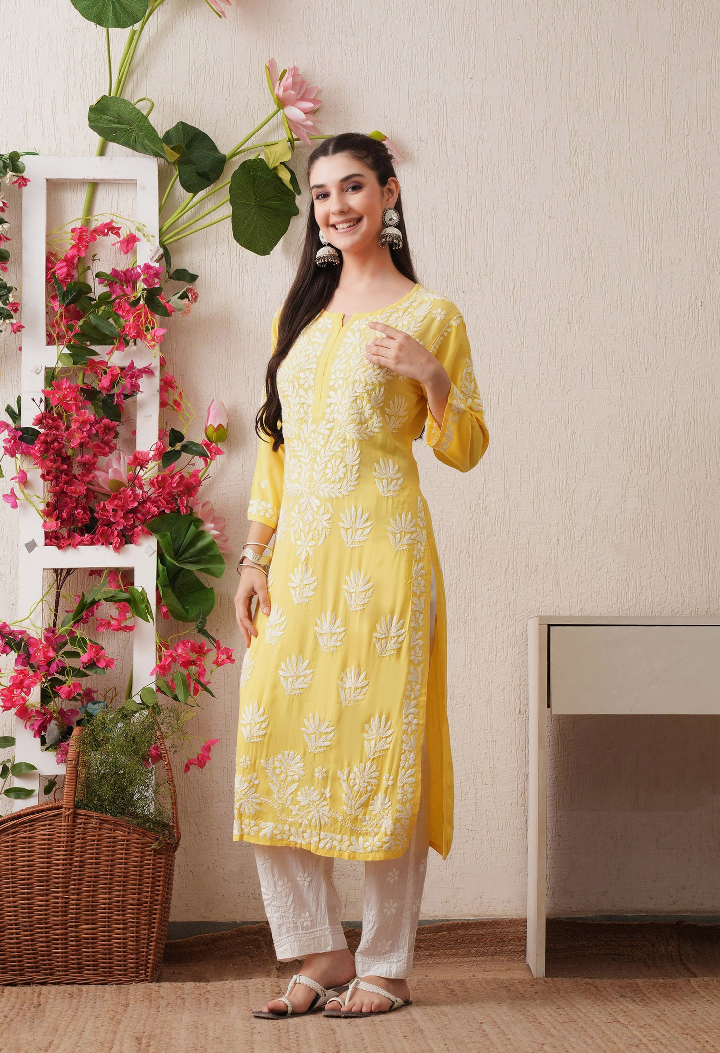 Yellow -Embroidered Rayon Chikankari Straight Kurta
