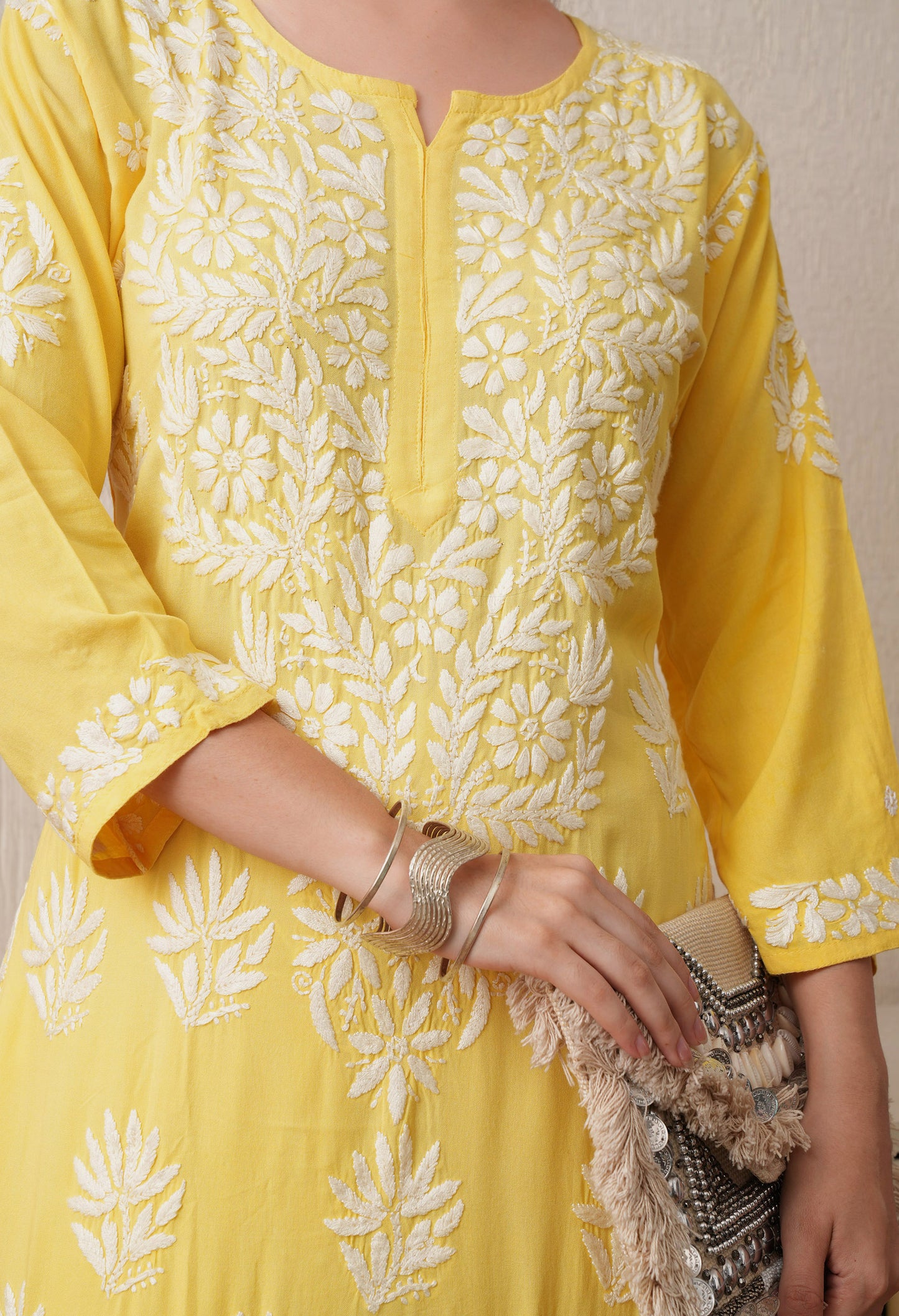 Yellow -Embroidered Rayon Chikankari Straight Kurta