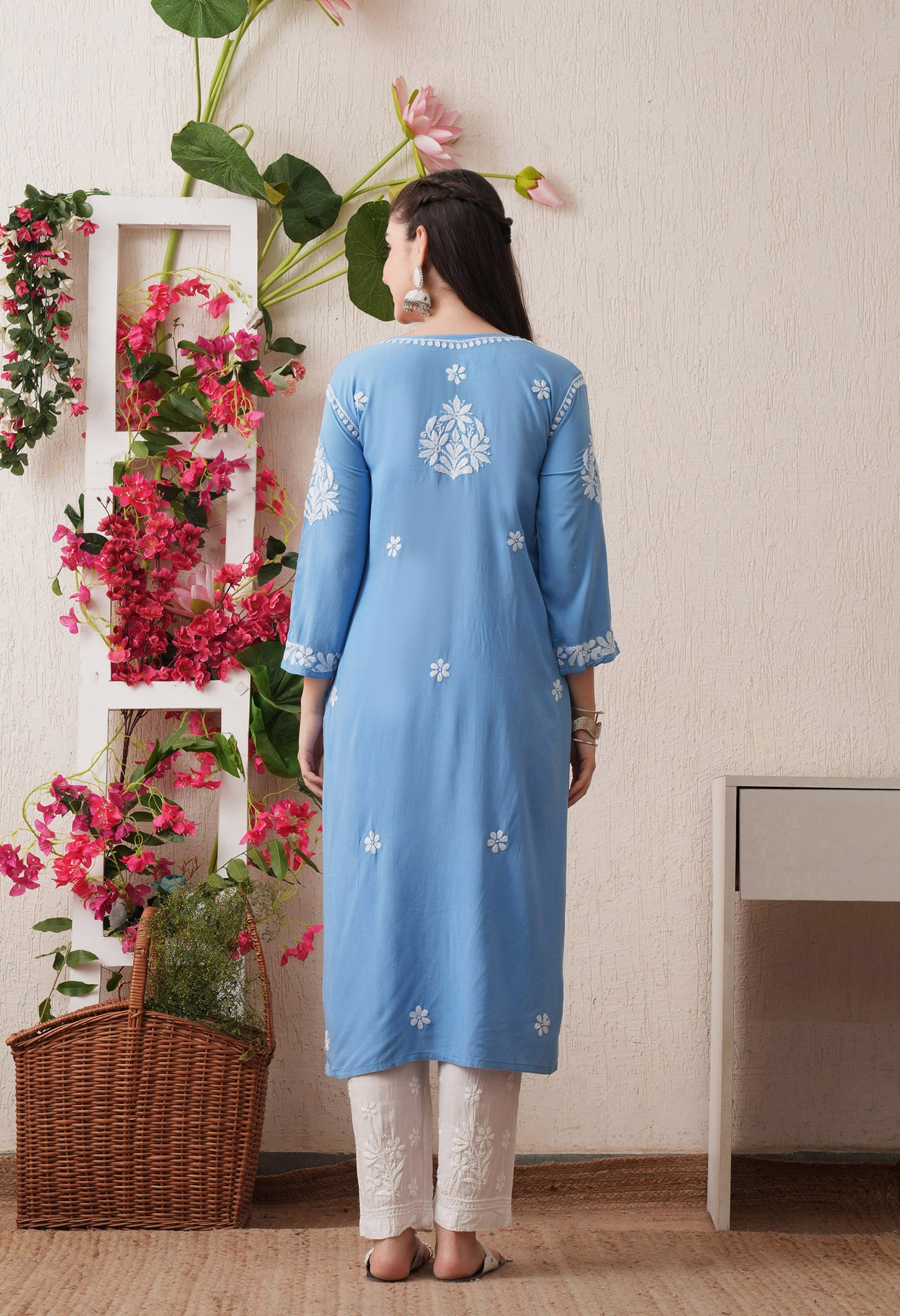 Sky Blue Hand-Embroidered Rayon Chikankari Straight Kurta