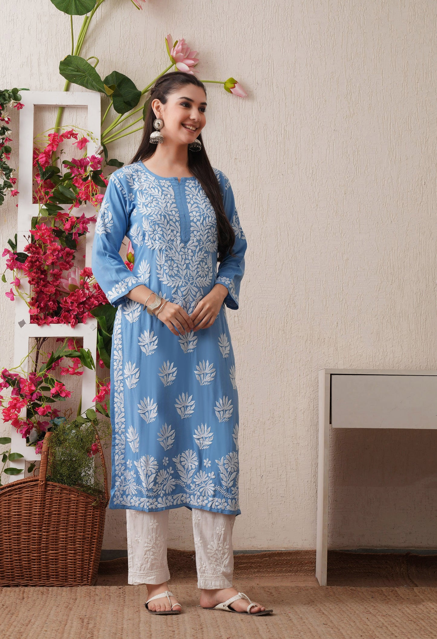 Sky Blue Hand-Embroidered Rayon Chikankari Straight Kurta