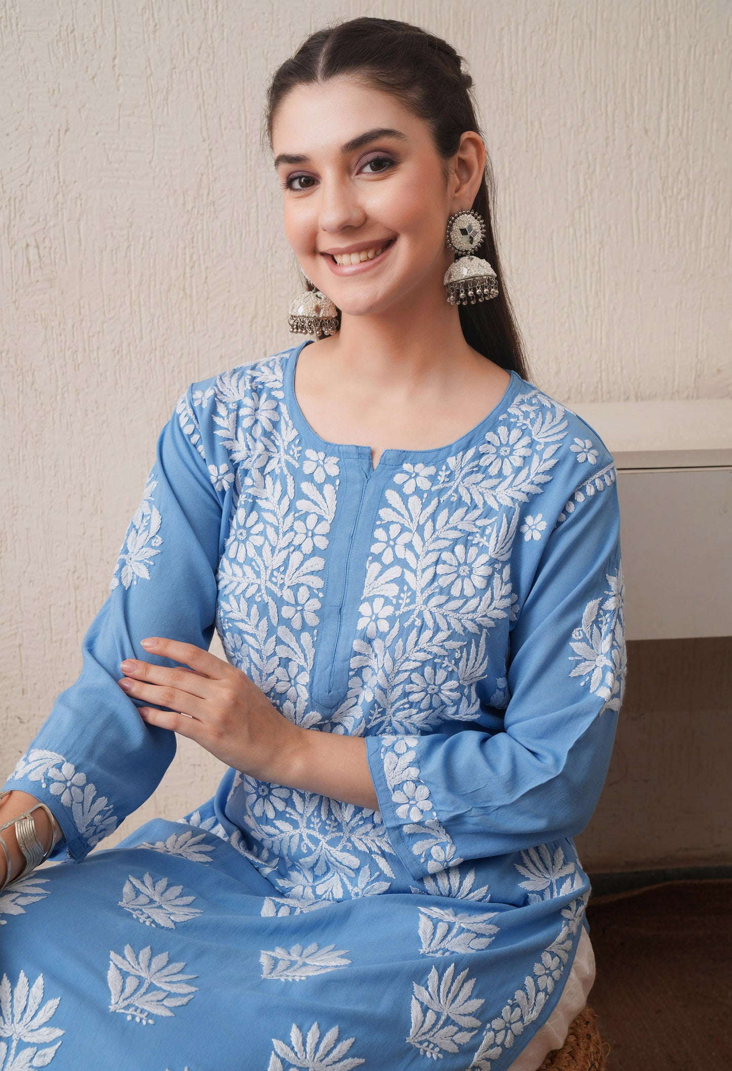 Sky Blue Hand-Embroidered Rayon Chikankari Straight Kurta