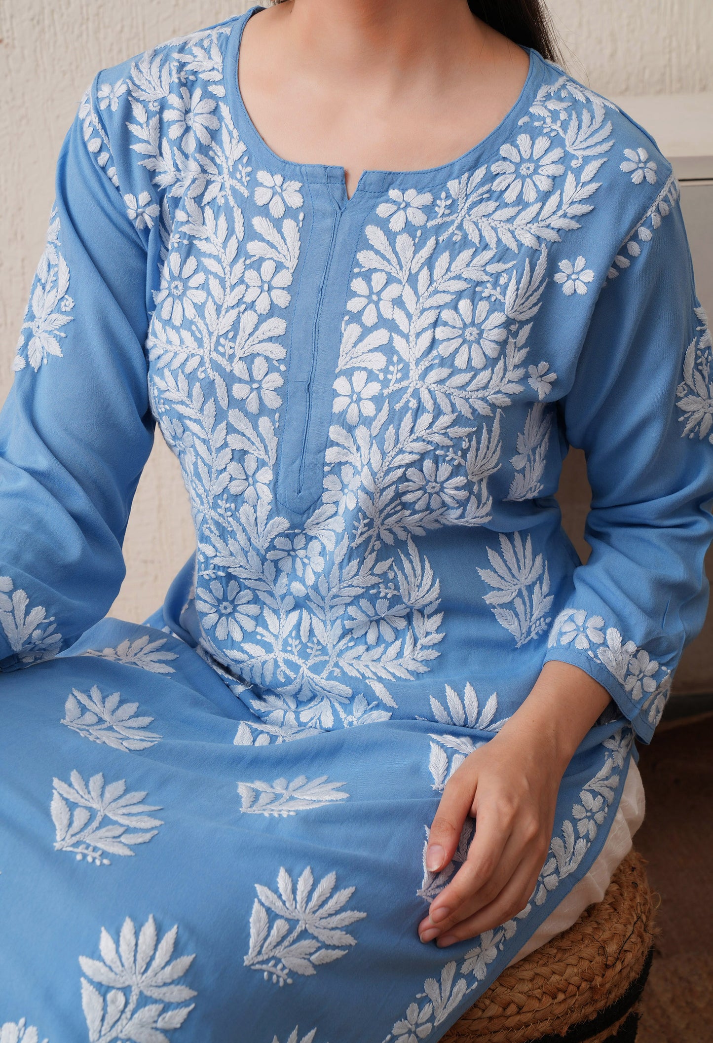 Sky Blue Hand-Embroidered Rayon Chikankari Straight Kurta