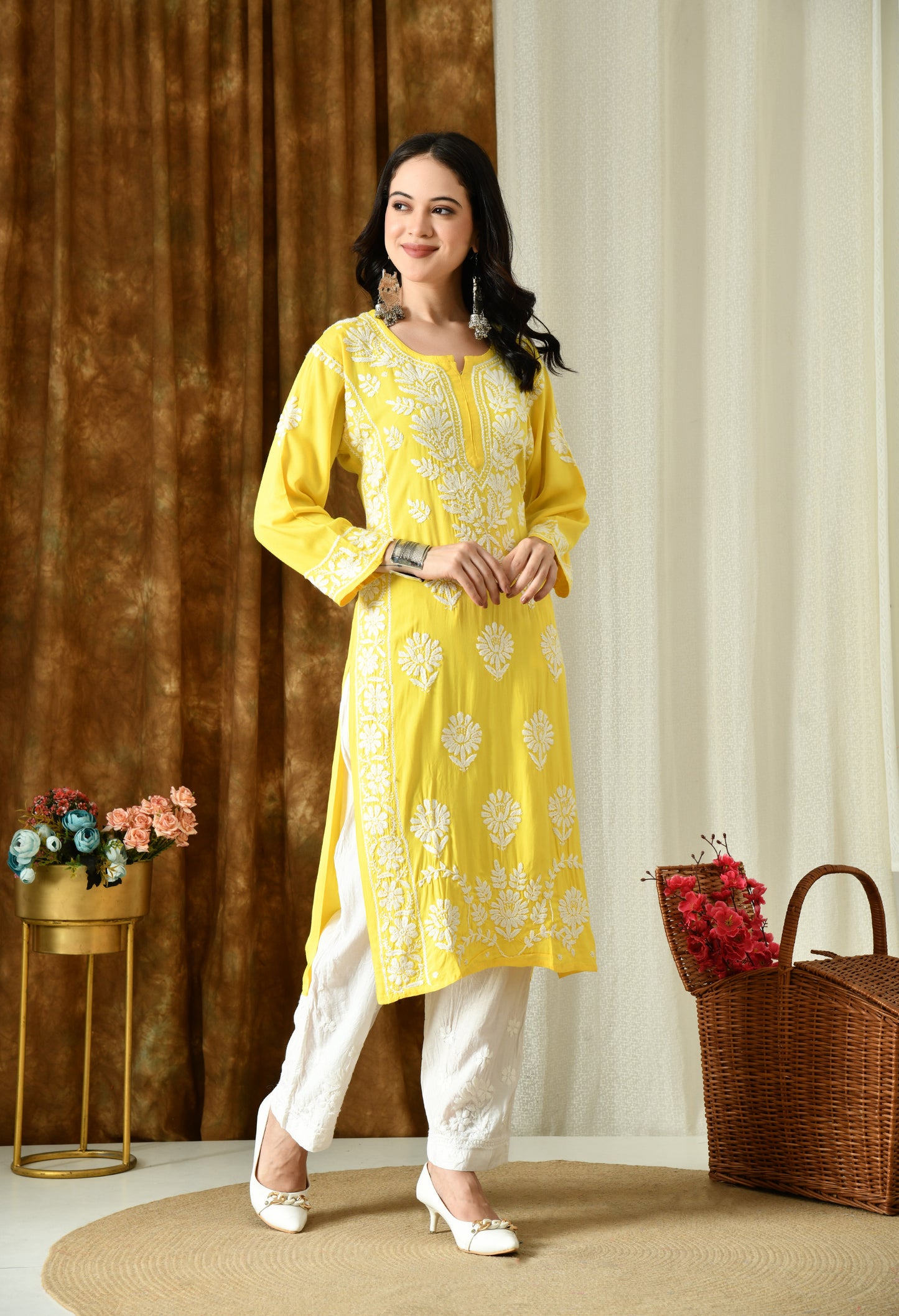 Sunshine Yellow Modal Hand-Embroidered Chikankari Kurta with Elegant White Floral Design