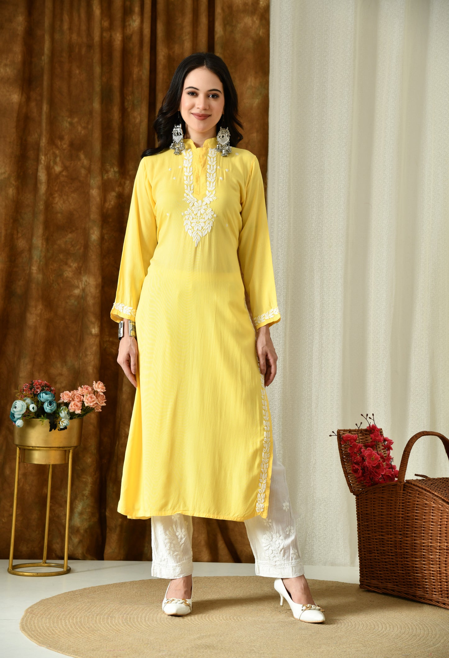 Saanjh – Sunshine Yellow Rayon Kurta with Classic Chikankari