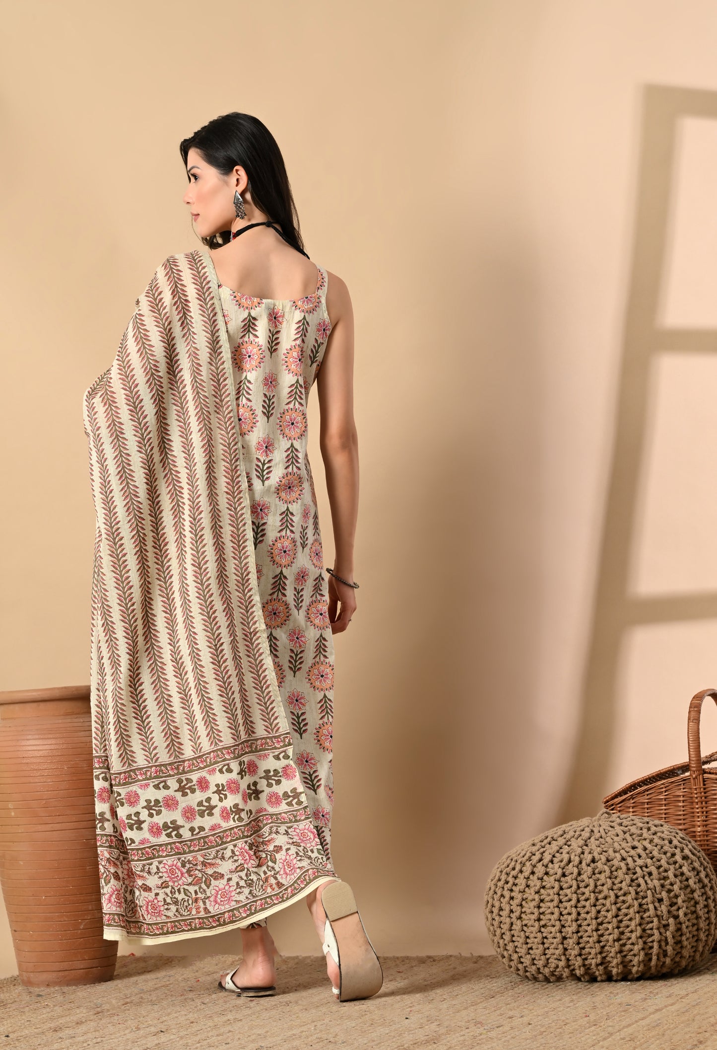 Noodle Strap 3PC Cotton Set with Fish Cut Palazzo and Sitara Work