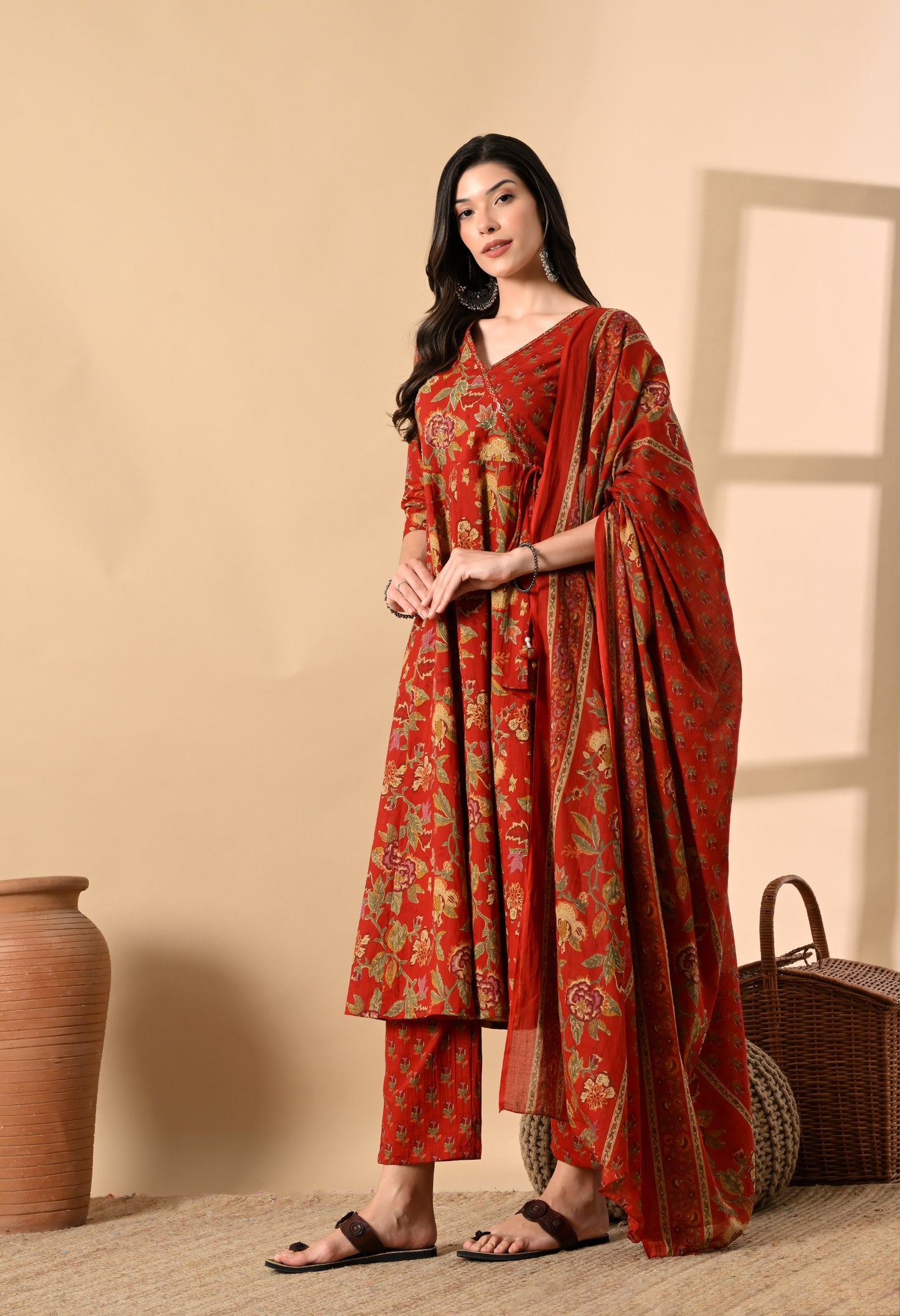 Angrakha Style Anarkali 12-Kali Kurta Set with Dupatta | Handcrafted with Elegant Badla Work